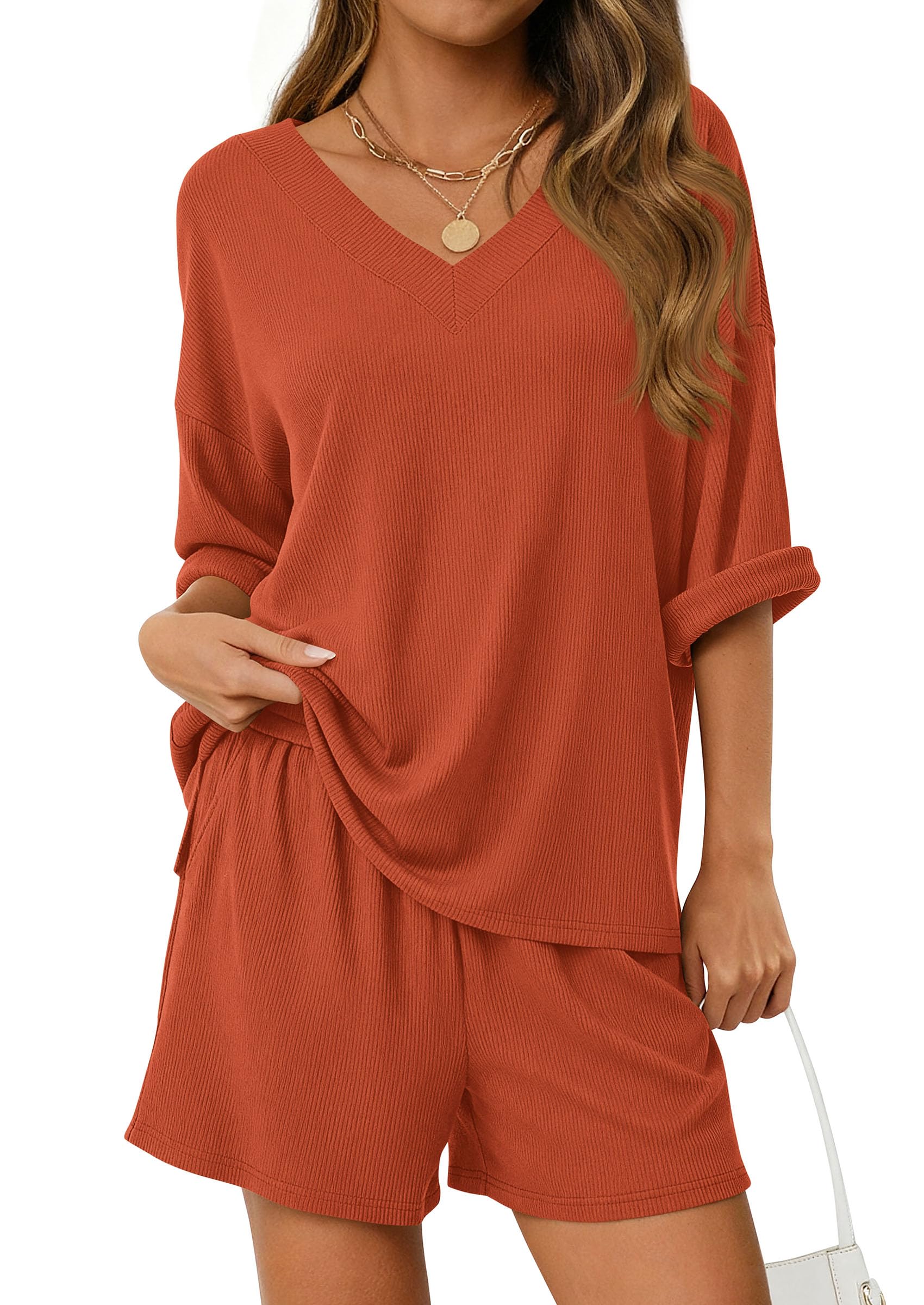 PRETTYGARDEN Womens 2 Piece Sets Summer Oversized Vneck Half Sleeve Tops Shorts Lounge Set Casual Travel Airport Outfits