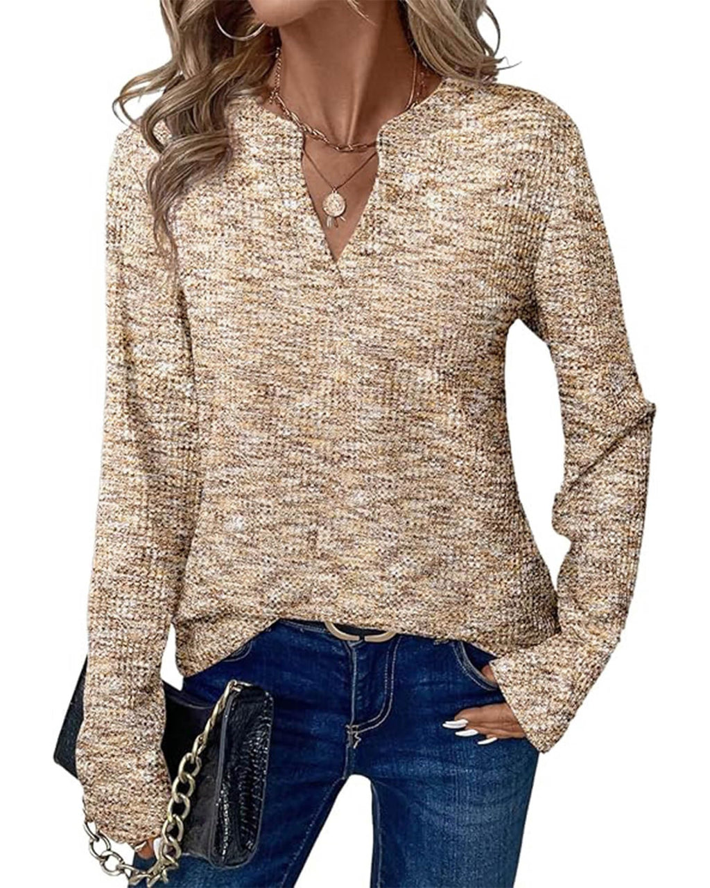 FreshPretty Waffle Knit Tops V Neck Long Sleeve Blouses for Women Dressy Casual Henley Work Shirts Spring Fall Clothes