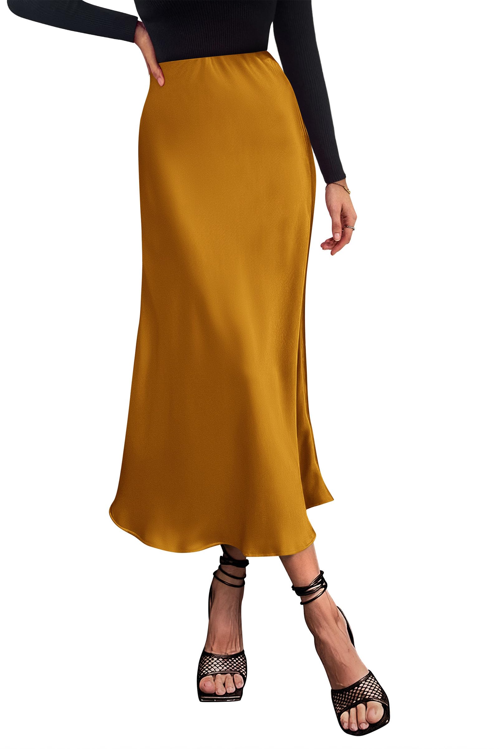 PRETTYGARDEN Women's Satin Skirts Dressy Casual Fall High Waisted Cocktail Wedding Flowy Elegant A Line Midi Skirt