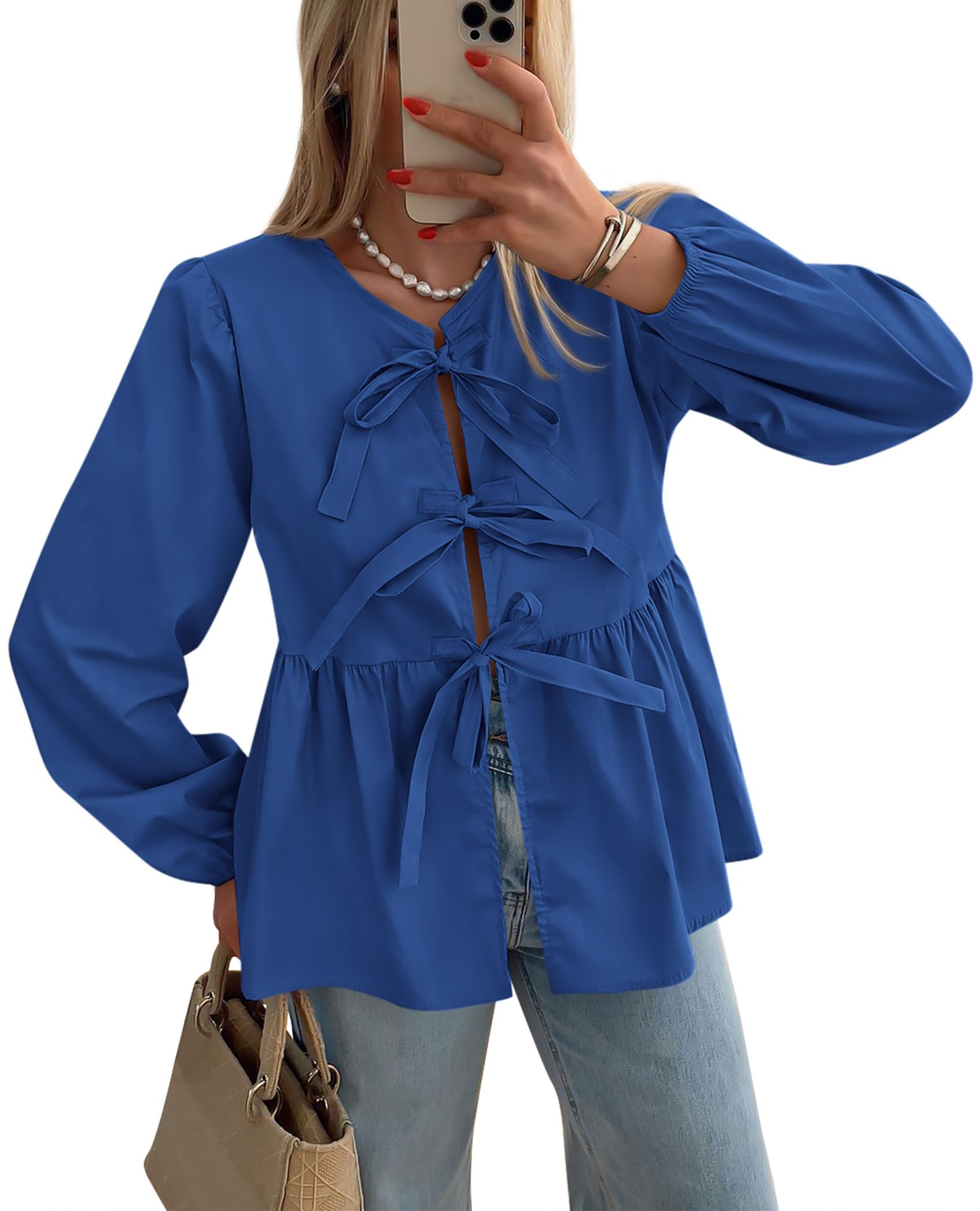 PRETTYGARDEN Women's Spring Fall Babydoll Peplum Blouse Shirt Puff Long Sleeve Bow Tie Front Trendy Cute Y2K Going Out Tops
