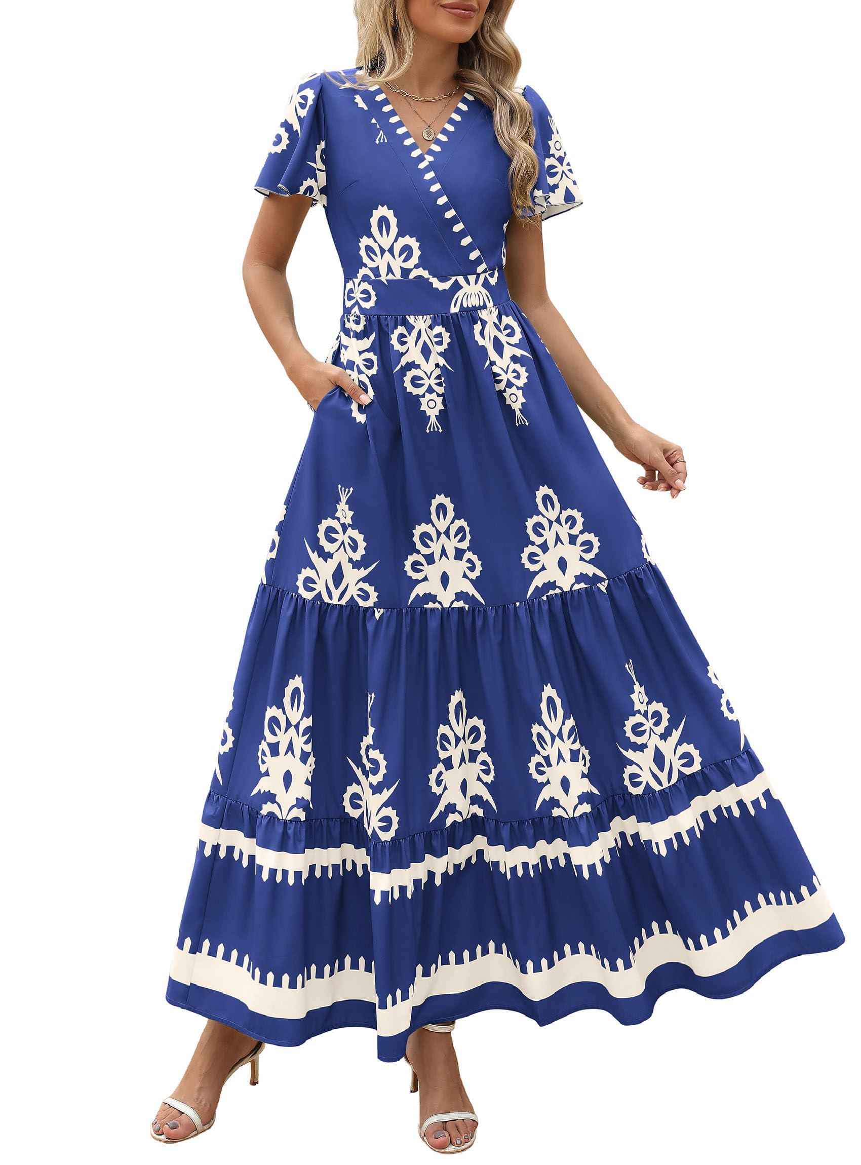 PRETTYGARDEN Womens Summer Casual V Neck Boho Maxi Dress Flowy Aline Bell Sleeve Tiered Floral Dresses with Pocket