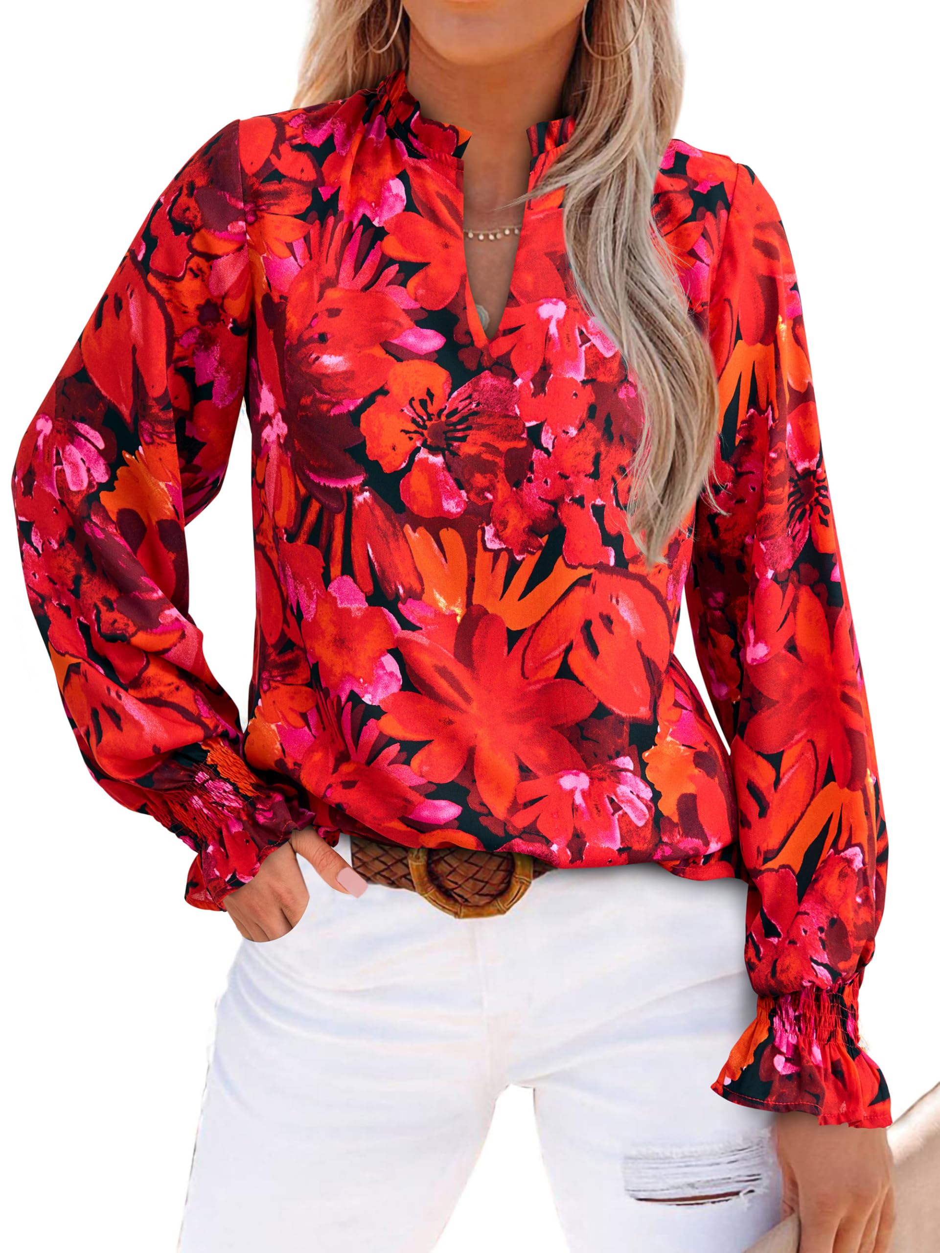 FreshPretty Womens V Neck Floral Long Sleeve Tops Summer Casual Loose Puff Sleeve Chiffon Boho Work Blouse Dressy T Shirts