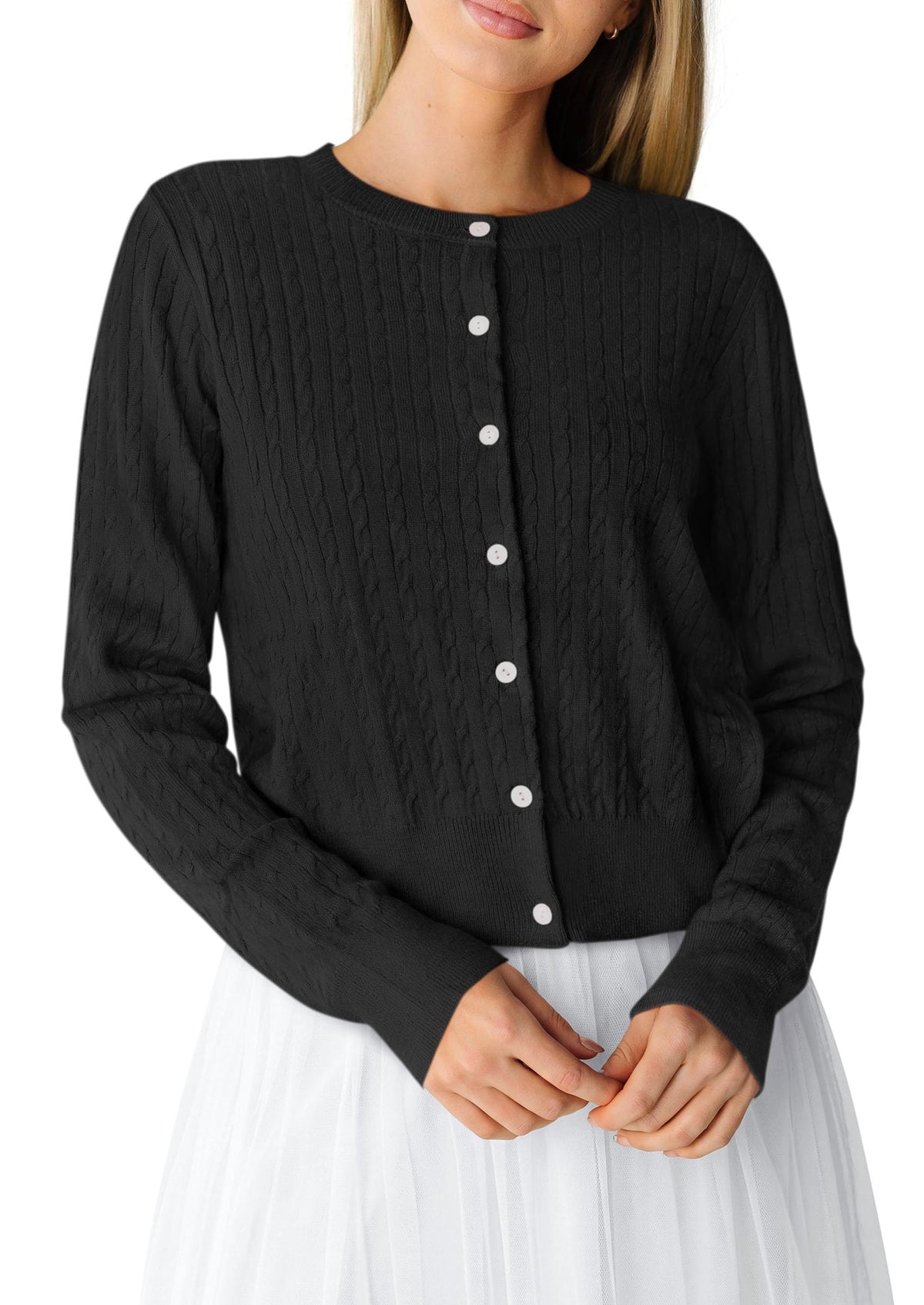 PRETTYGARDEN Women Lightweight Button Up Cardigan Sweaters | Soft Stretchy, Cozy Cable Knit, Long Sleeve Crew Neck, Trendy Cardigans, Cute Casual Outfits, Early Fall Fashion Clothing