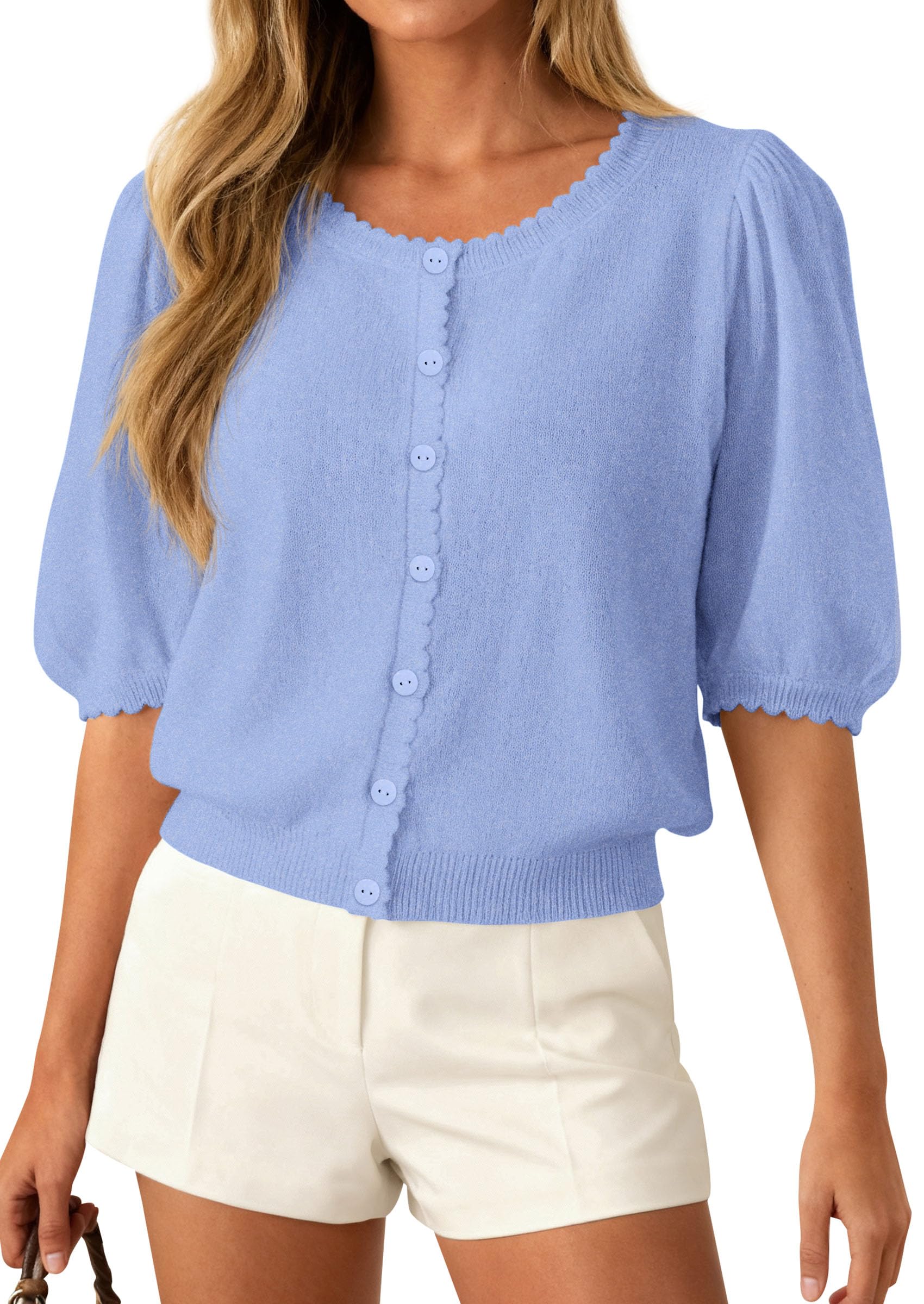 PRETTYGARDEN Puff Short Sleeve Cardigans for Women Lightweight Summer Shirts Button Up Knit Sweater Tops Spring Clothes