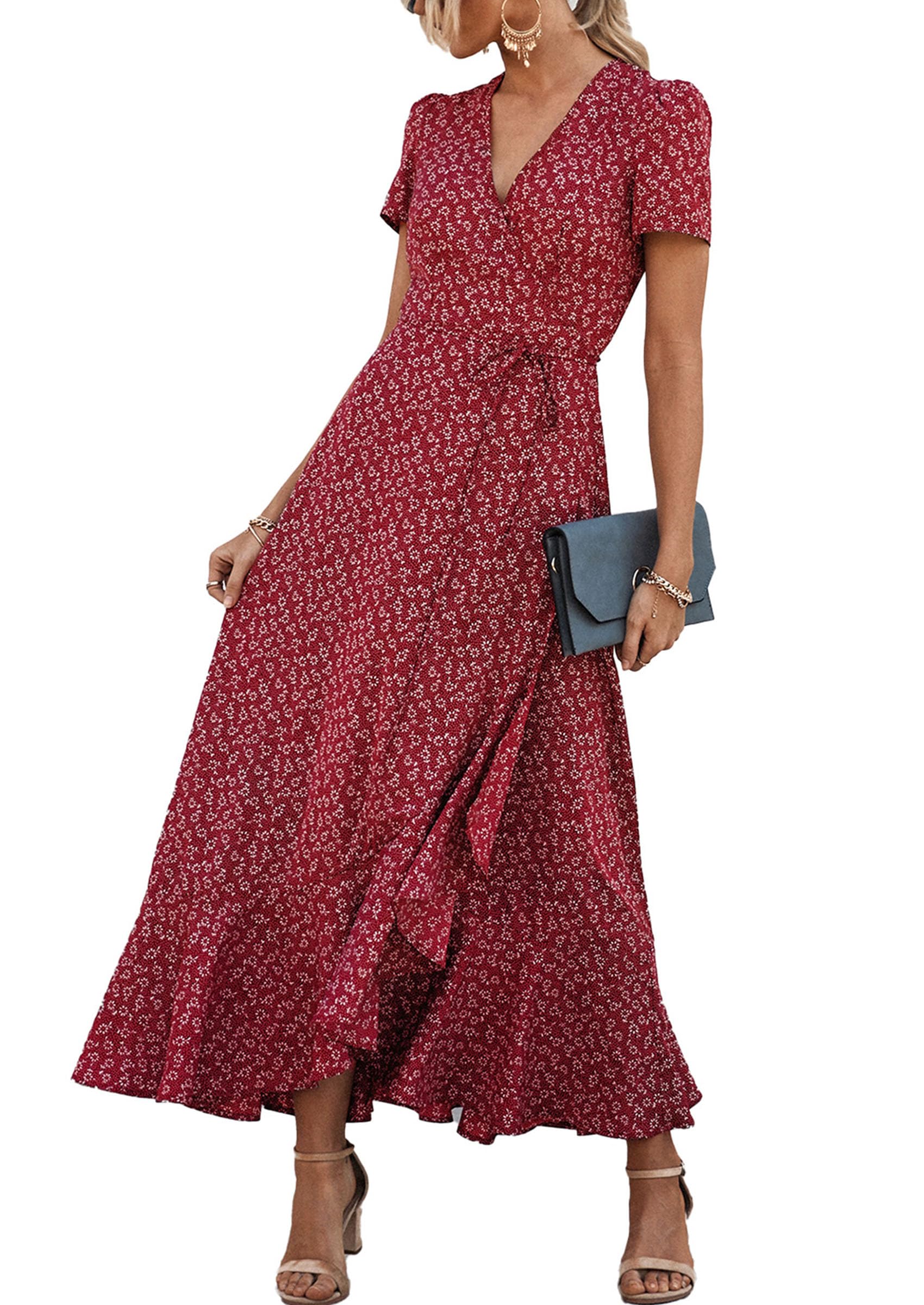 PRETTYGARDEN Women's Summer Maxi Dress Casual Wrap Floral Boho Short Sleeve V Neck Split Ruffle Beach Long Dresses