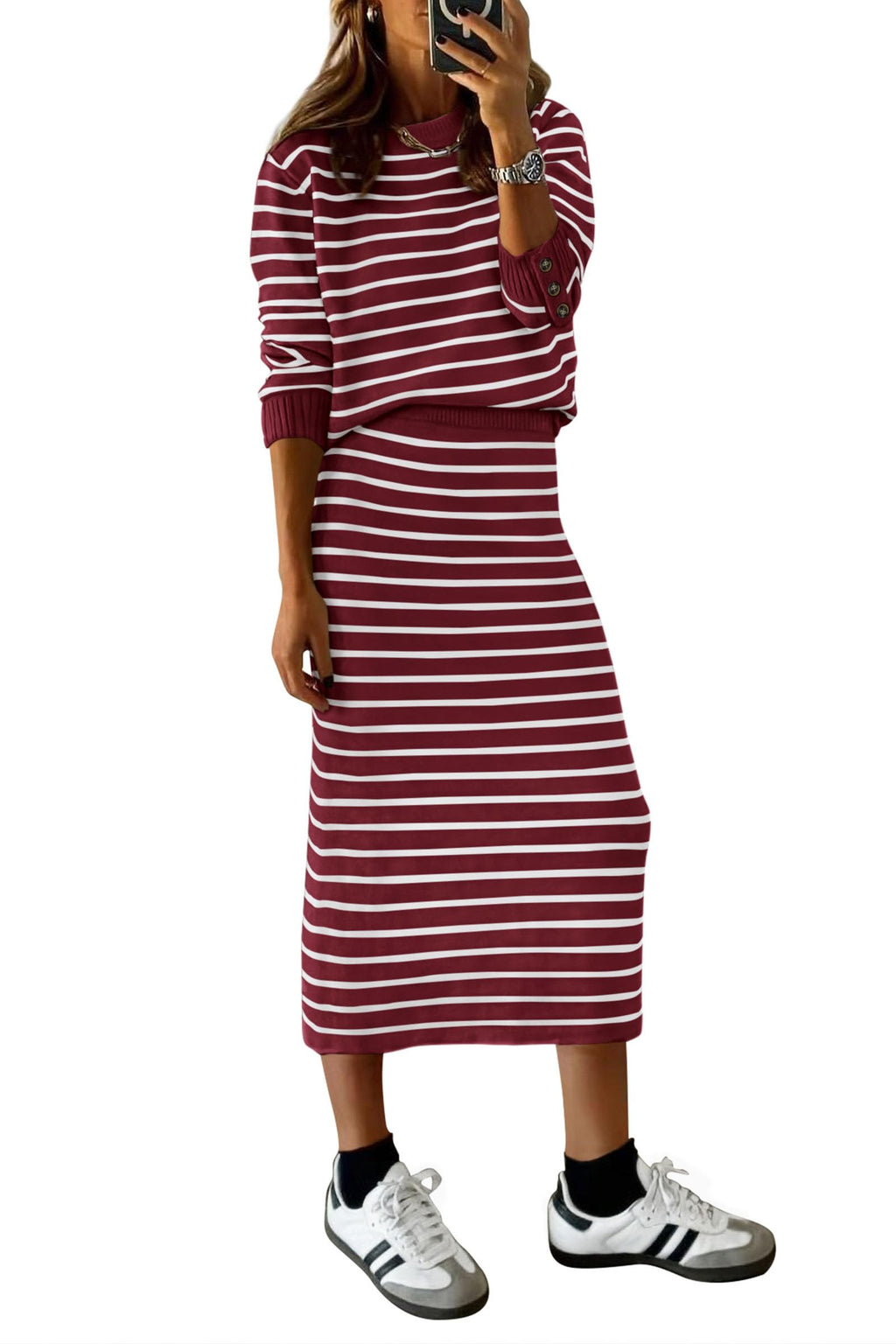 PRETTYGARDEN 2 Piece Skirts Sets For Women Fall Fashion Striped Sweater Dress Knit Lounge Travel Outfits Winter Clothing