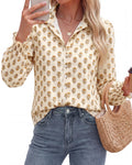 BTFBM Long Sleeve Blouses for Women, Floral V Neck Button Down Shirts, Smocked Cuffs, Business Casual Summer Outfits