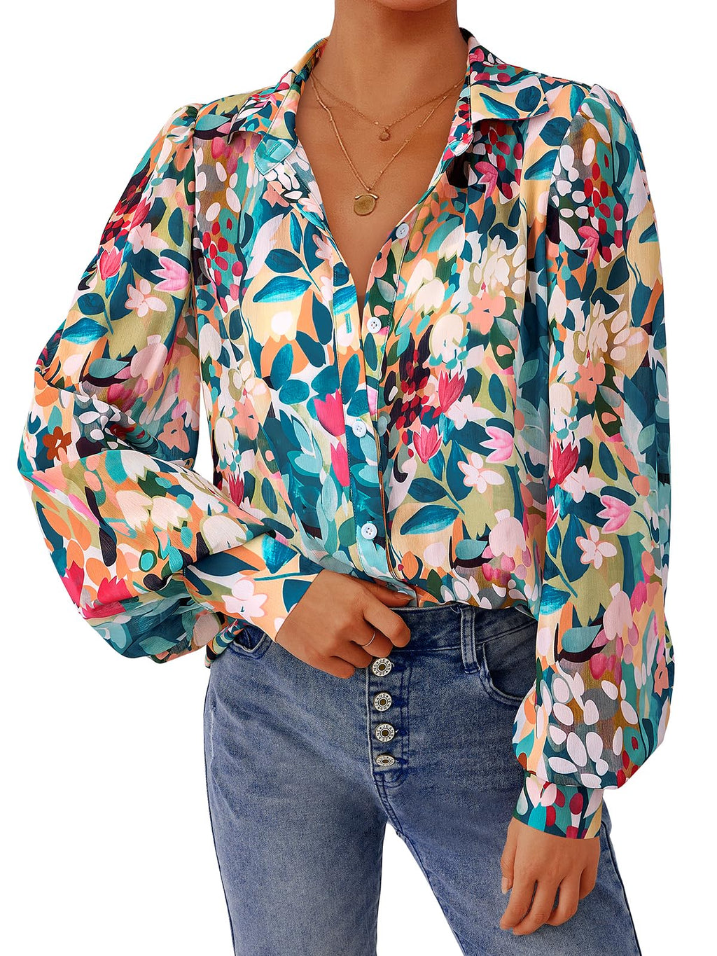 PRETTYGARDEN Women's Floral Blouses Dressy Casual V Neck Button Down Shirts Lantern Long Sleeve Boho Chiffon Spring Tops