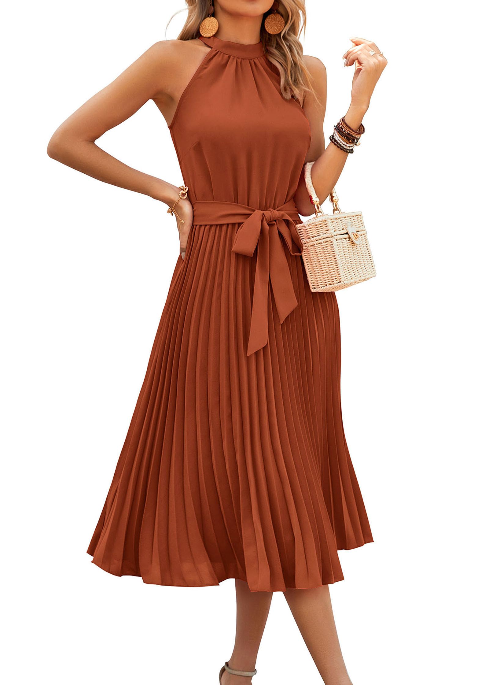 FreshPretty Women's Summer Sleeveless Halter Neck Pleated Midi Cocktail Dresses A Line Flowy Beach Sun Dress with Belt