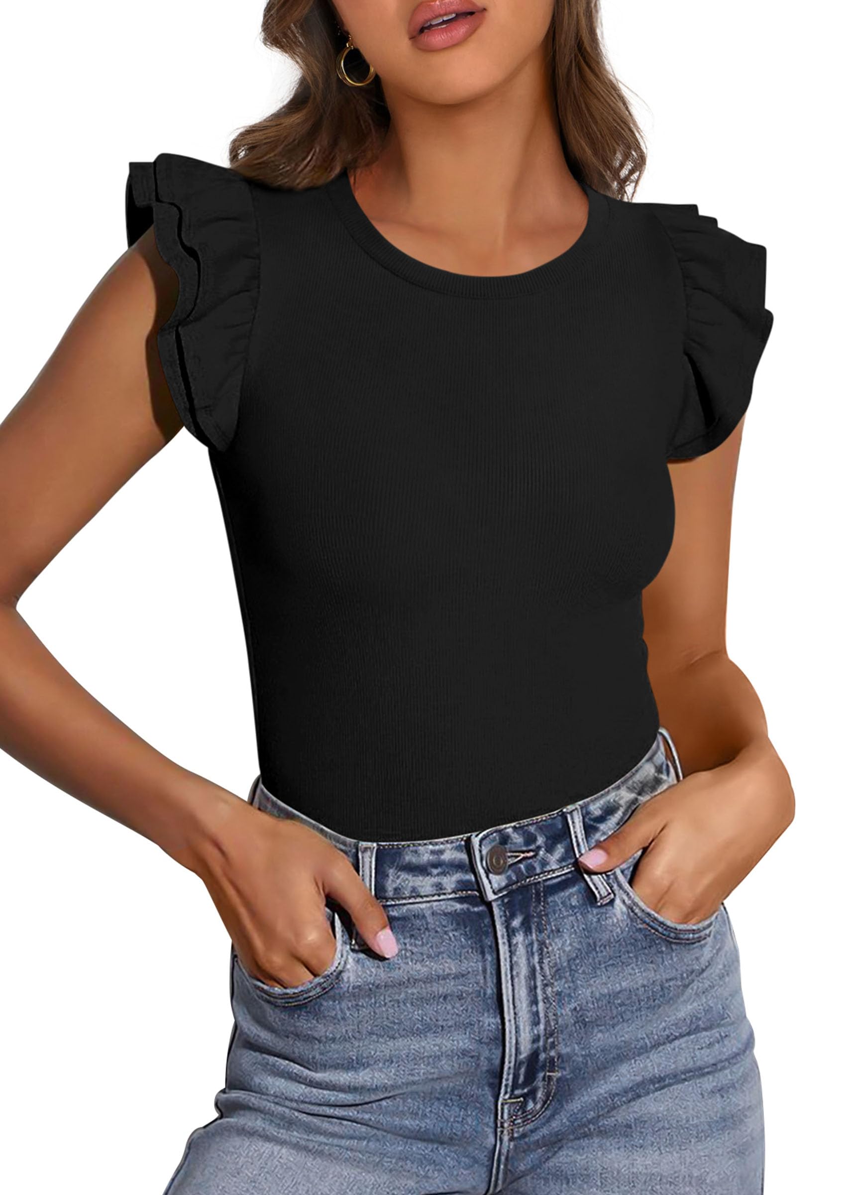 PRETTYGARDEN Womens Summer Crew Neck T Shirts Trendy Ruffle Sleeve Slim Fit Knit Going Out Tops Casual Spring Clothes