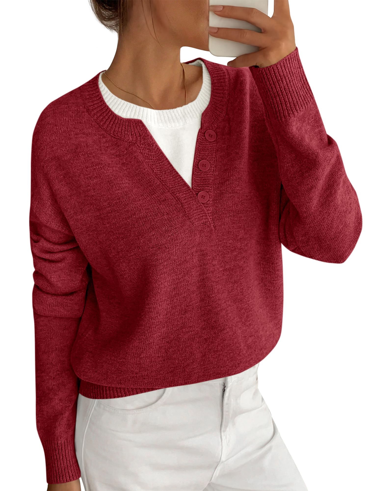 BTFBM Women Long Sleeve Crew Neck Sweaters Tops, 2 in1 Knitted Pullover, Deco Buttons, Oversized, Stretchy, Vacation, Business Casual Outfits, Fall Winter Trendy