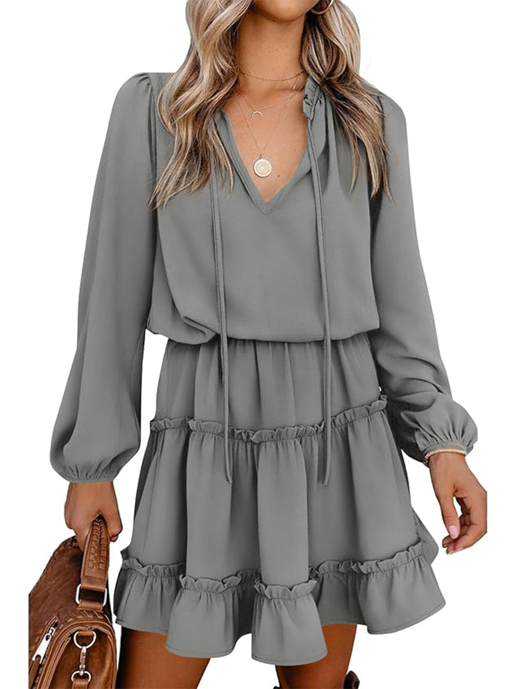 BTFBM Long Sleeve Summer Dresses for Women Casual Tie Neck Ruffle Tiered A Line Mini Spring Wedding Guest Dress
