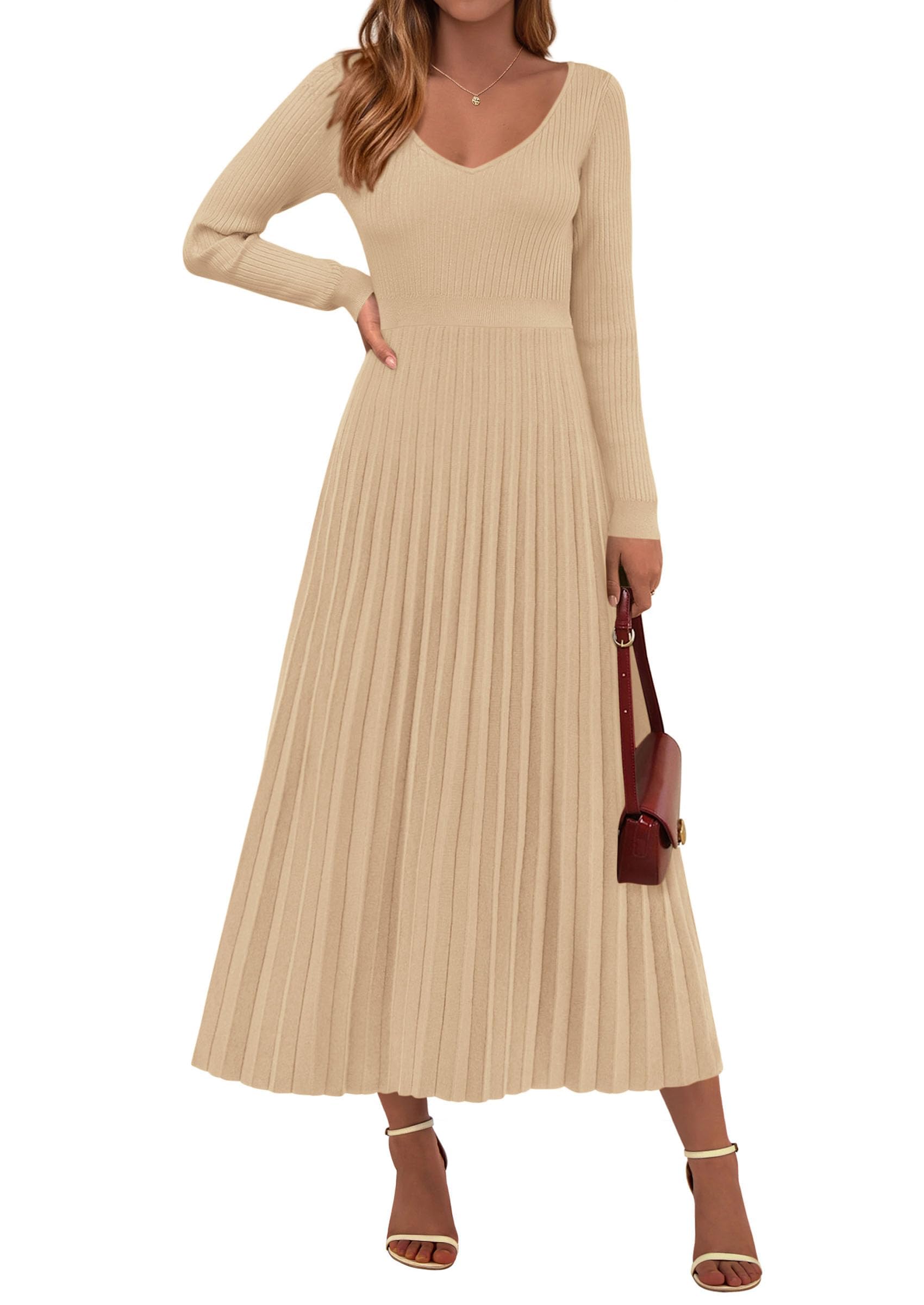 PRETTYGARDEN Women Sweater Dress Fall Fashion Long Sleeve V Neck Ribbed Knit Pleated A Line Elegant Maxi Winter Dresses