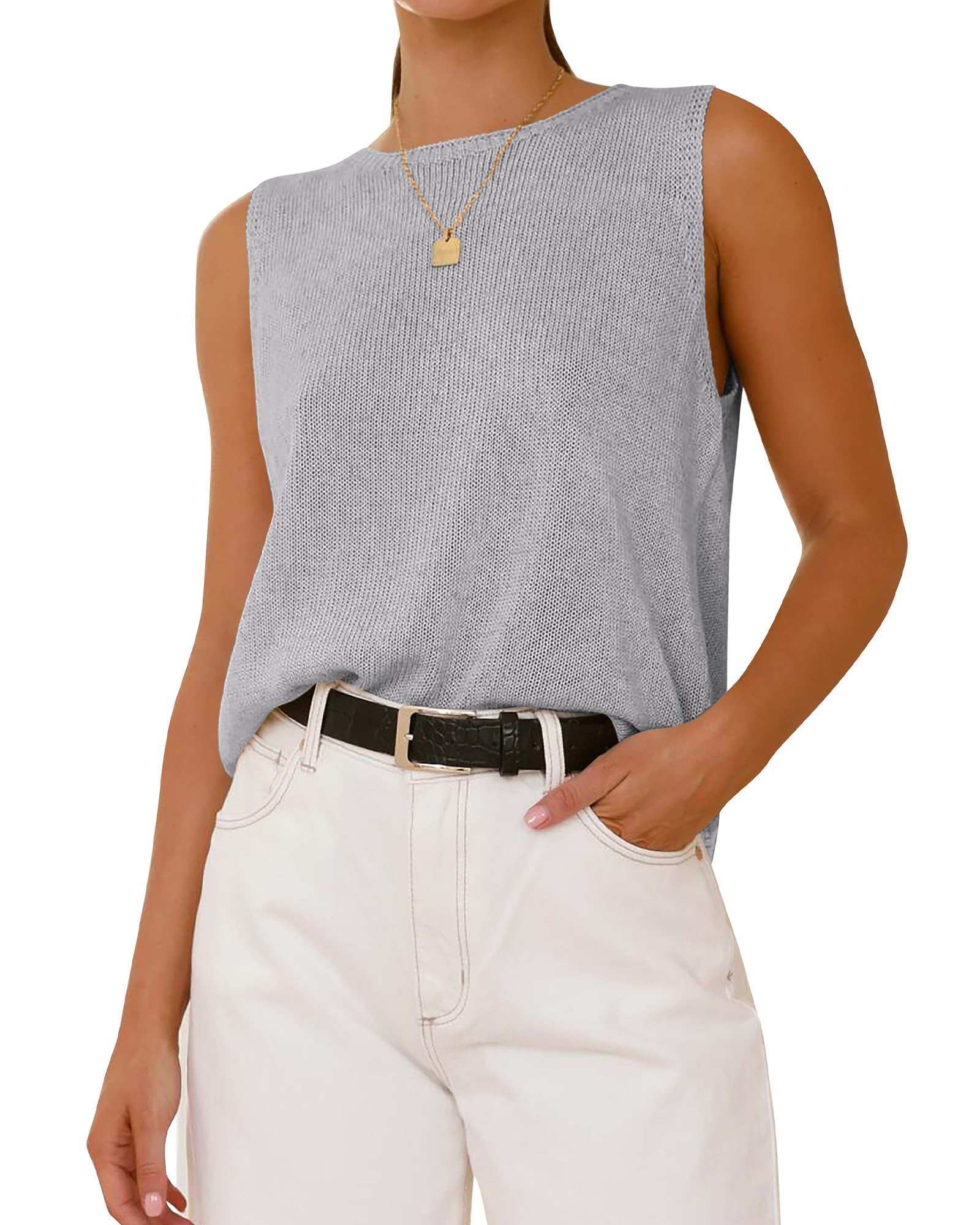 FreshPretty Women's Sleeveless Sweater Vest Summer Crew Neck Ribbed Knit Lightweight Pullover Casual Loose Fit Tank Tops