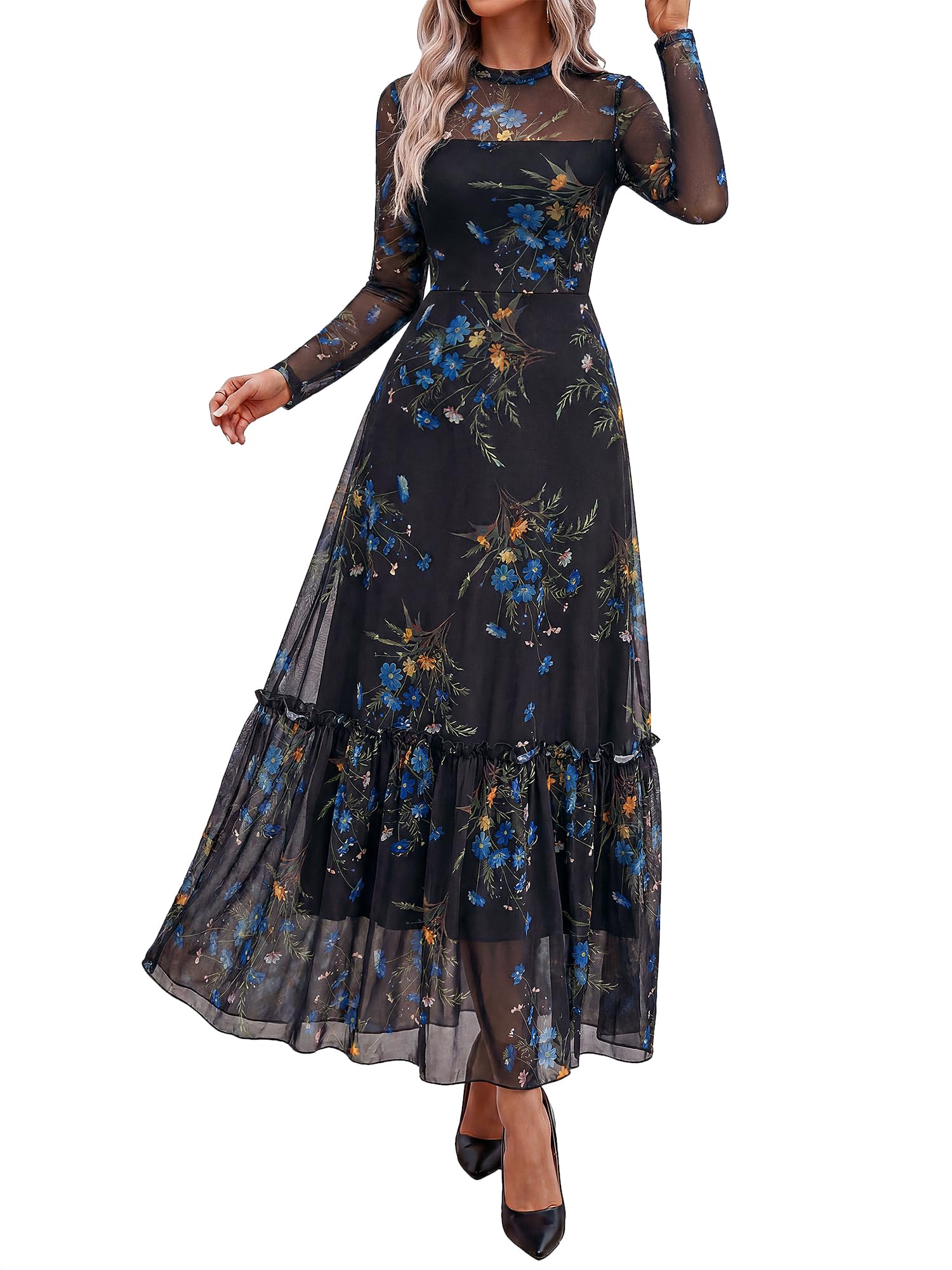 BTFBM Boho Mesh Long Sleeve Dress for Women | Mock Neck, Floral, A Line, Tiered, Graduation, Wedding, Cocktail Maxi Dresses, Fall Fashion, Resort Wear