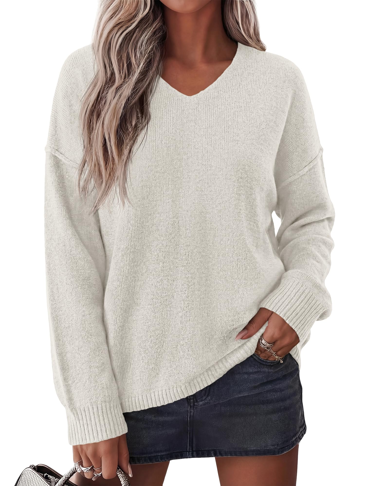 BTFBM Women's Loose Knitted Casual Sweaters | V Neck,Long Sleeve Sweater,Slouchy Pullover Tops,Fall Winter Clothes