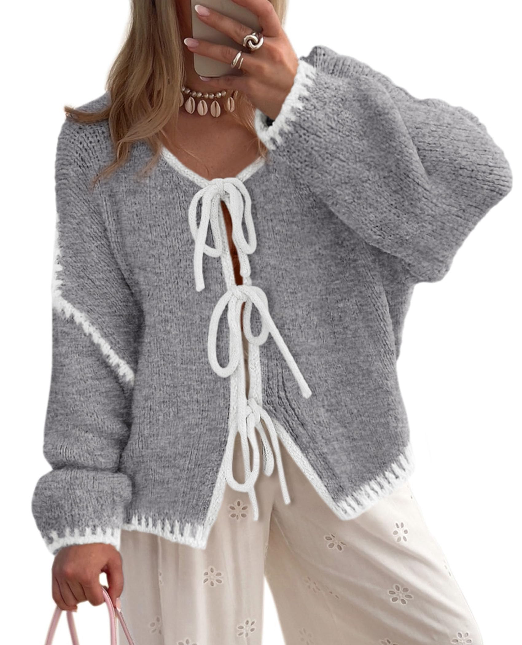 PRETTYGARDEN Women's Tie Front Bow Cardigan Sweaters Chunky Knit Long Puff Sleeve Trendy Fall Winter Jacket Coat