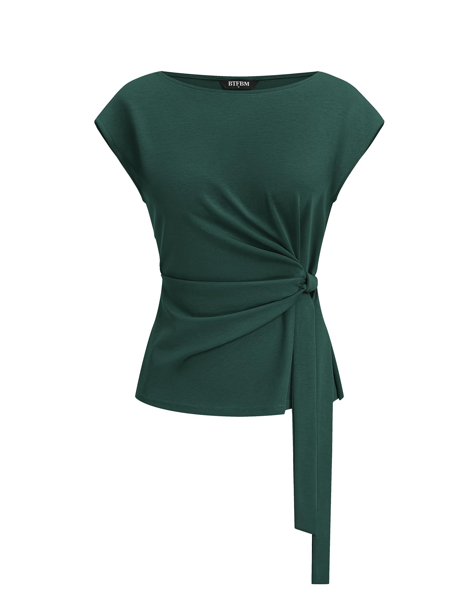 BTFBM Womens Tops Summer Cap Sleeve Crew Neck Tie Waist Blouses Dressy Casual Business Work Clothes Spring Fashion