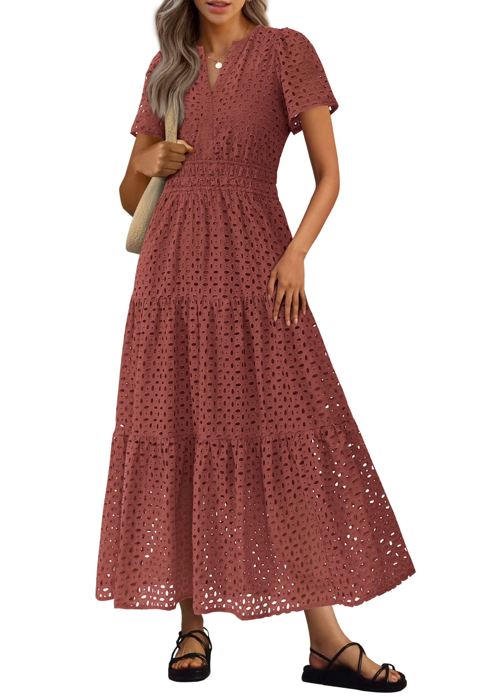 PRETTYGARDEN Womens Summer Maxi Dress Short Sleeve V Neck Hollow Out Eyelet A Line Long Flowy Beach Vacation Dresses