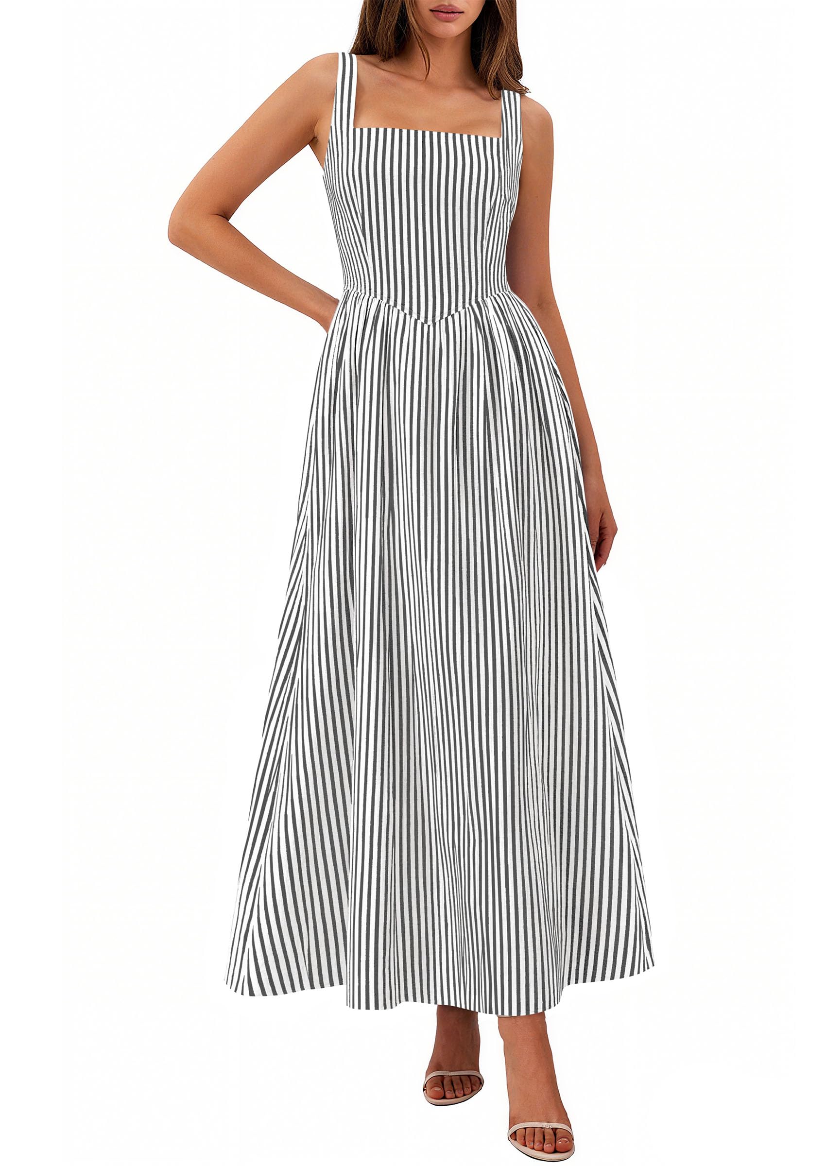 PRETTYGARDEN Women's Maxi Striped Dress Summer Sleeveless Square Neck Smocked A Line Long Flowy Spring Vacation Sundress