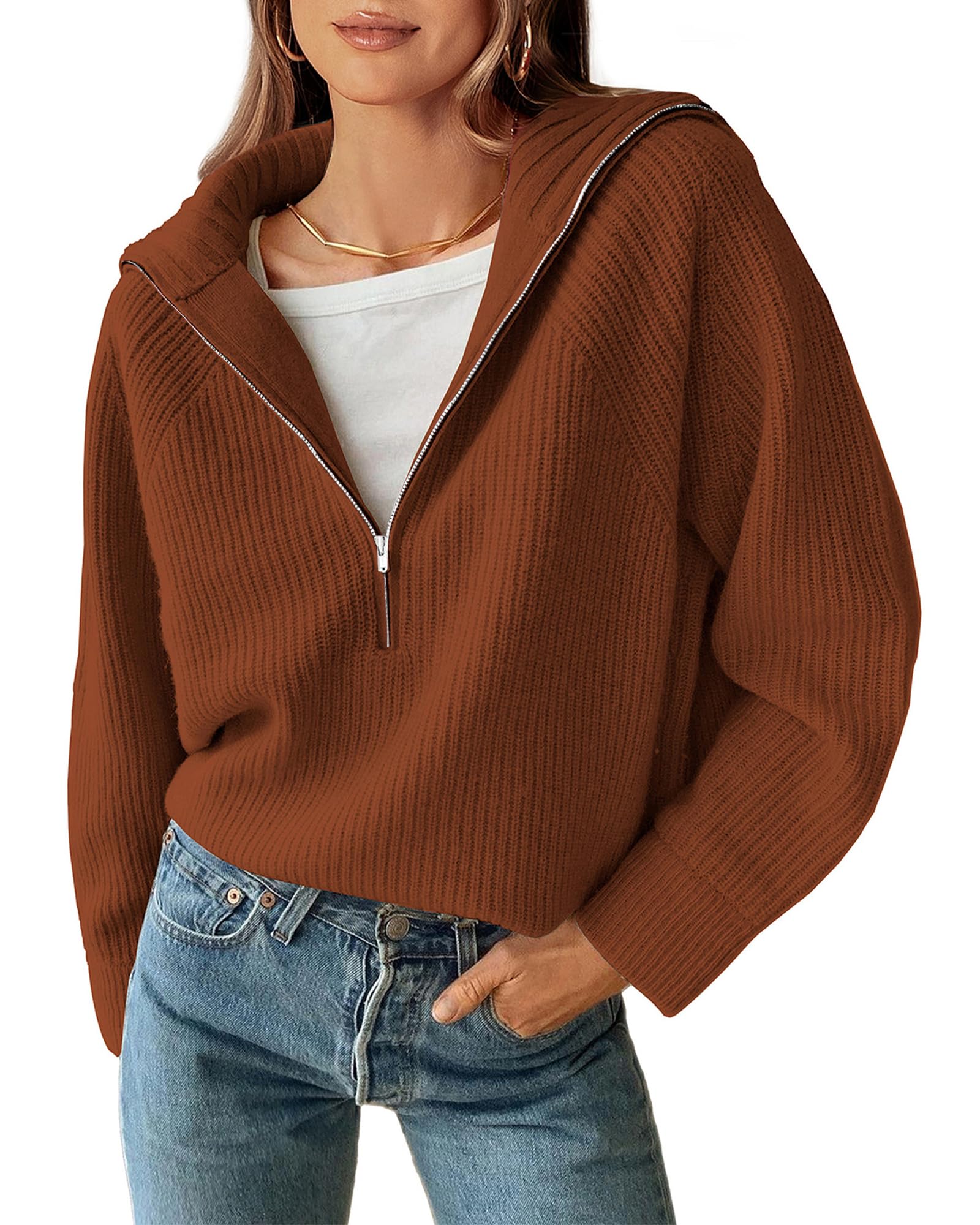 FreshPretty Womens Sweaters Quarter Zip Pullover V Neck Collar Long Sleeve Ribbed Knit Loose Casual Winter Fall Sweater