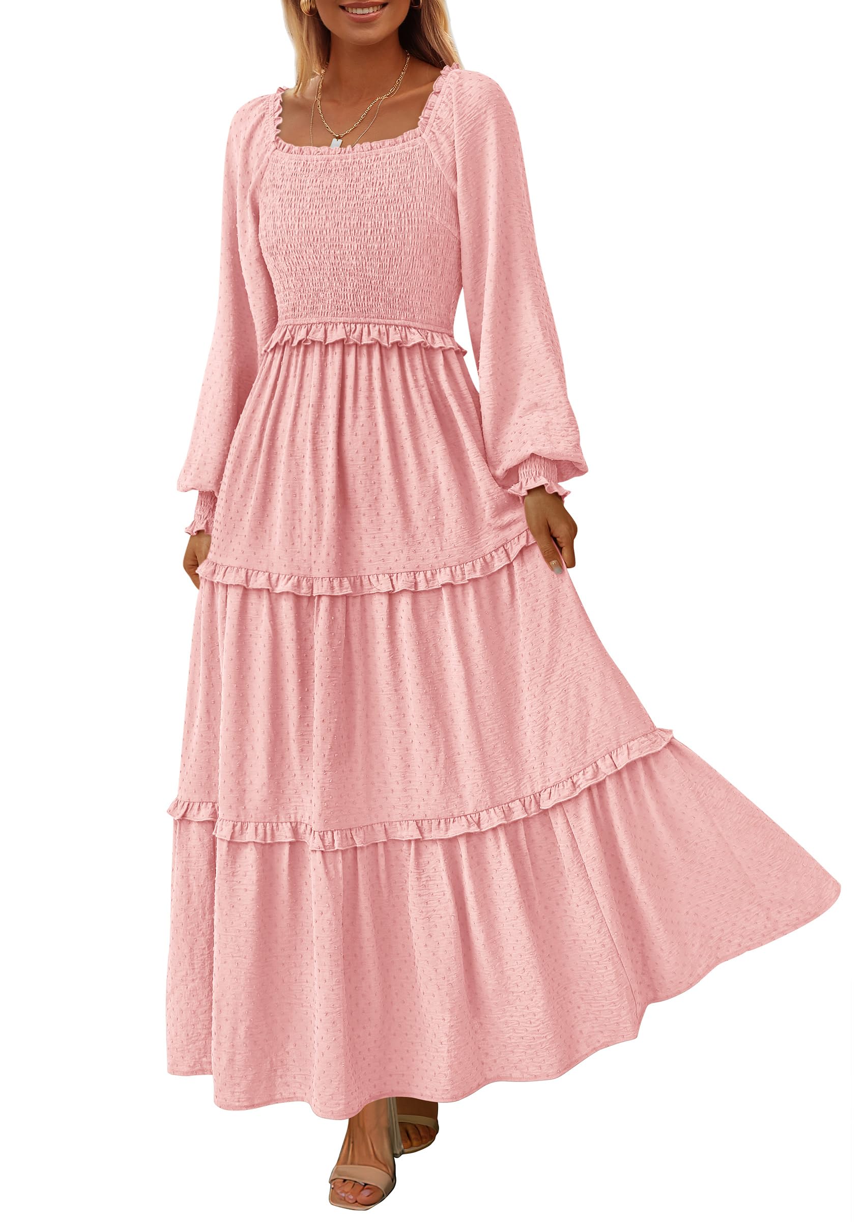 PRETTYGARDEN Fall Dresses for Women Long Sleeve Smocked Square Neck Swiss Dot Tiered Flowy Wedding Guest Maxi Dress