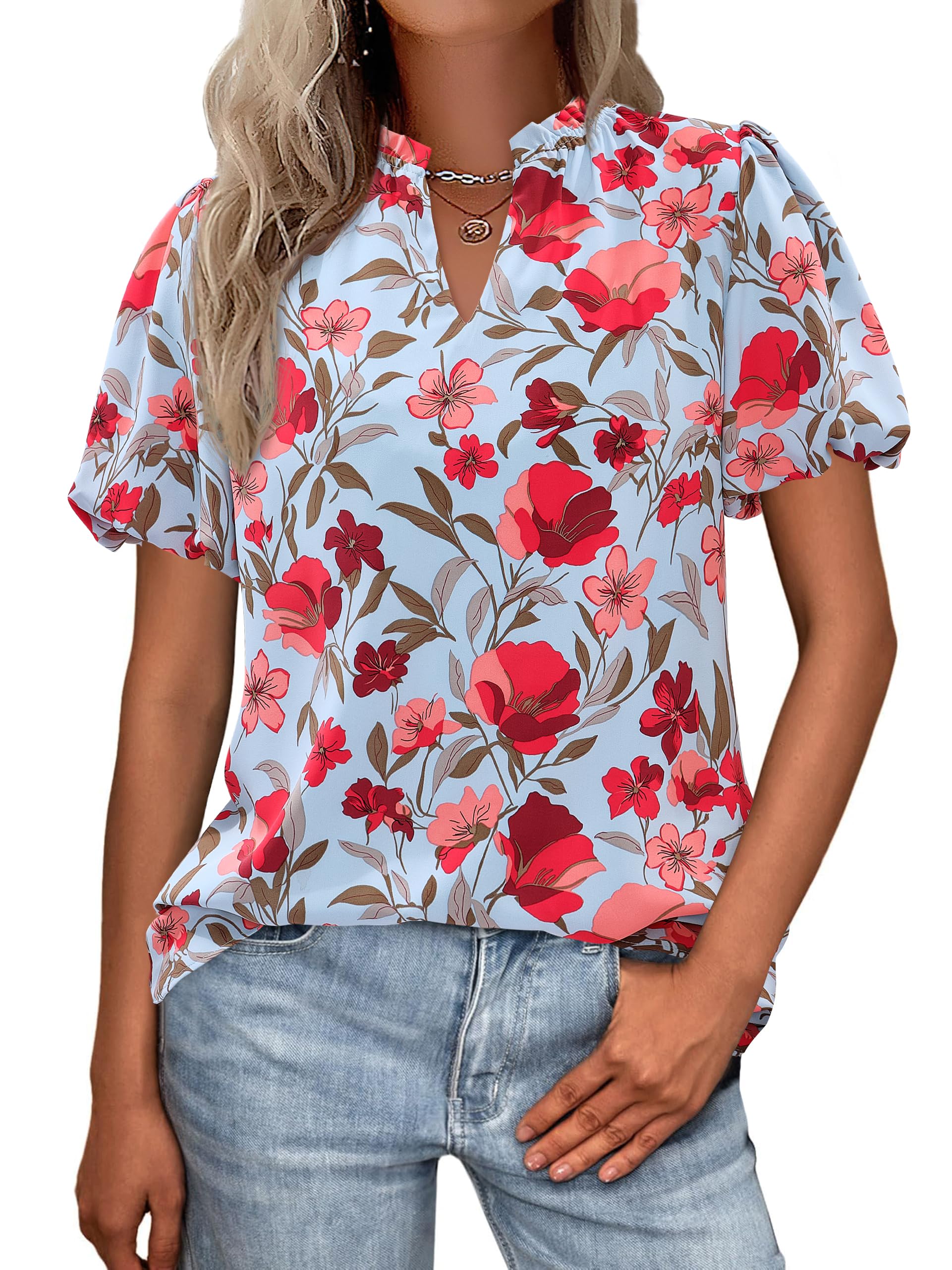 PRETTYGARDEN Boho Short Sleeve Floral Work Blouses for Women Dressy Casual V Neck Puff Sleeve Loose Chiffon Flowy Tops Shirts