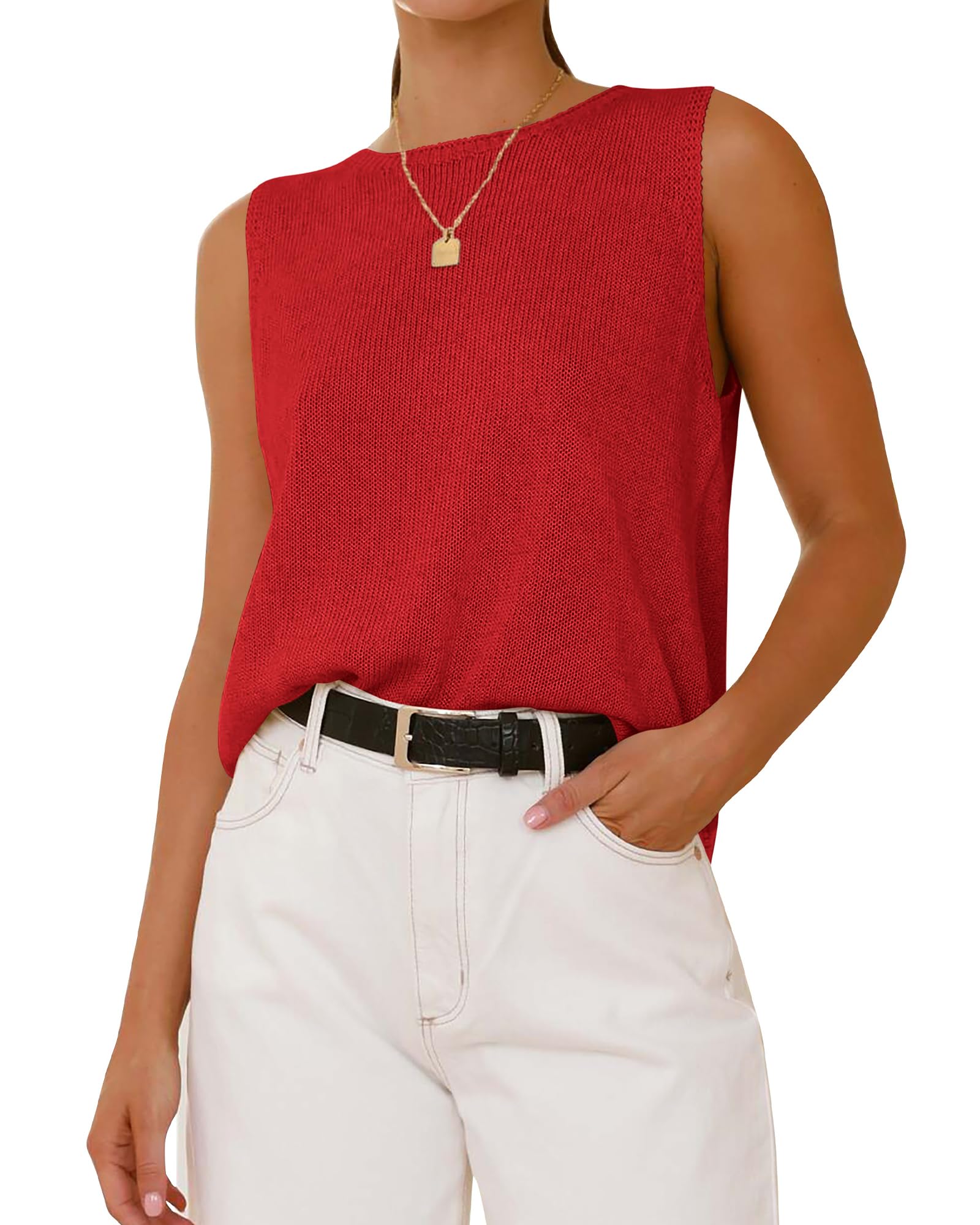 FreshPretty Women's Sleeveless Sweater Vest Summer Crew Neck Ribbed Knit Lightweight Pullover Casual Loose Fit Tank Tops