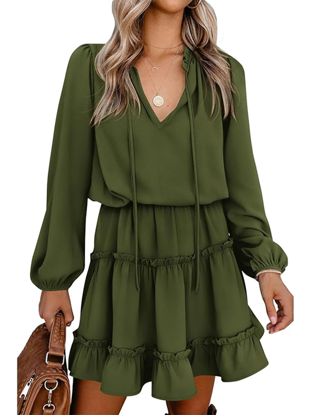 BTFBM Long Sleeve Summer Dresses for Women Casual Tie Neck Ruffle Tiered A Line Mini Spring Wedding Guest Dress
