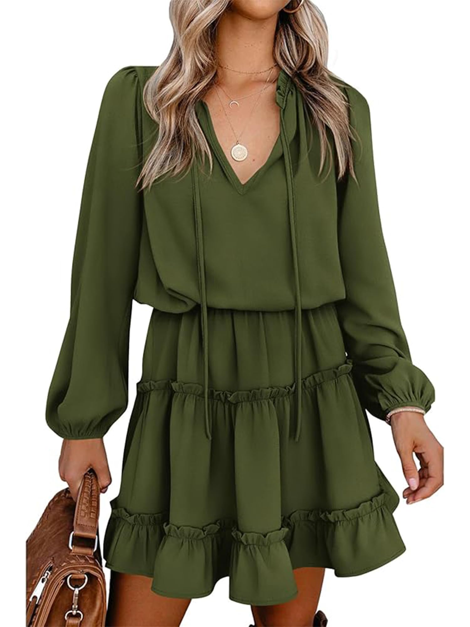 BTFBM Long Sleeve Summer Dresses for Women Casual Tie Neck Ruffle Tiered A Line Mini Spring Wedding Guest Dress