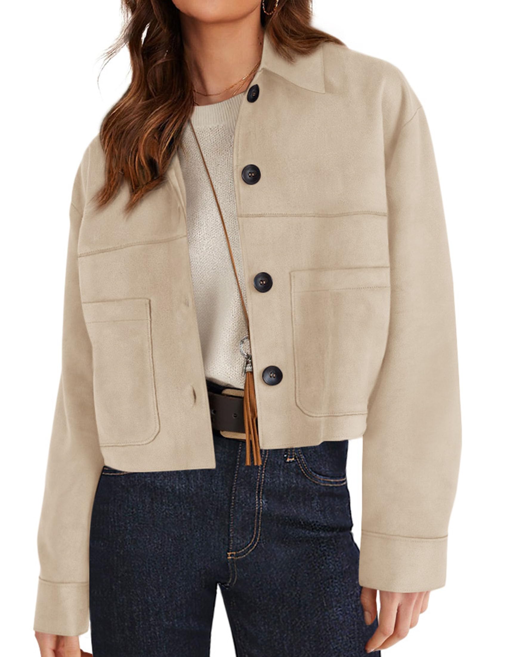 PRETTYGARDEN Women's Faux Suede Cropped Jacket Casual Lightweight Fall Fashion Winter Coats Outerwear Trendy Clothes