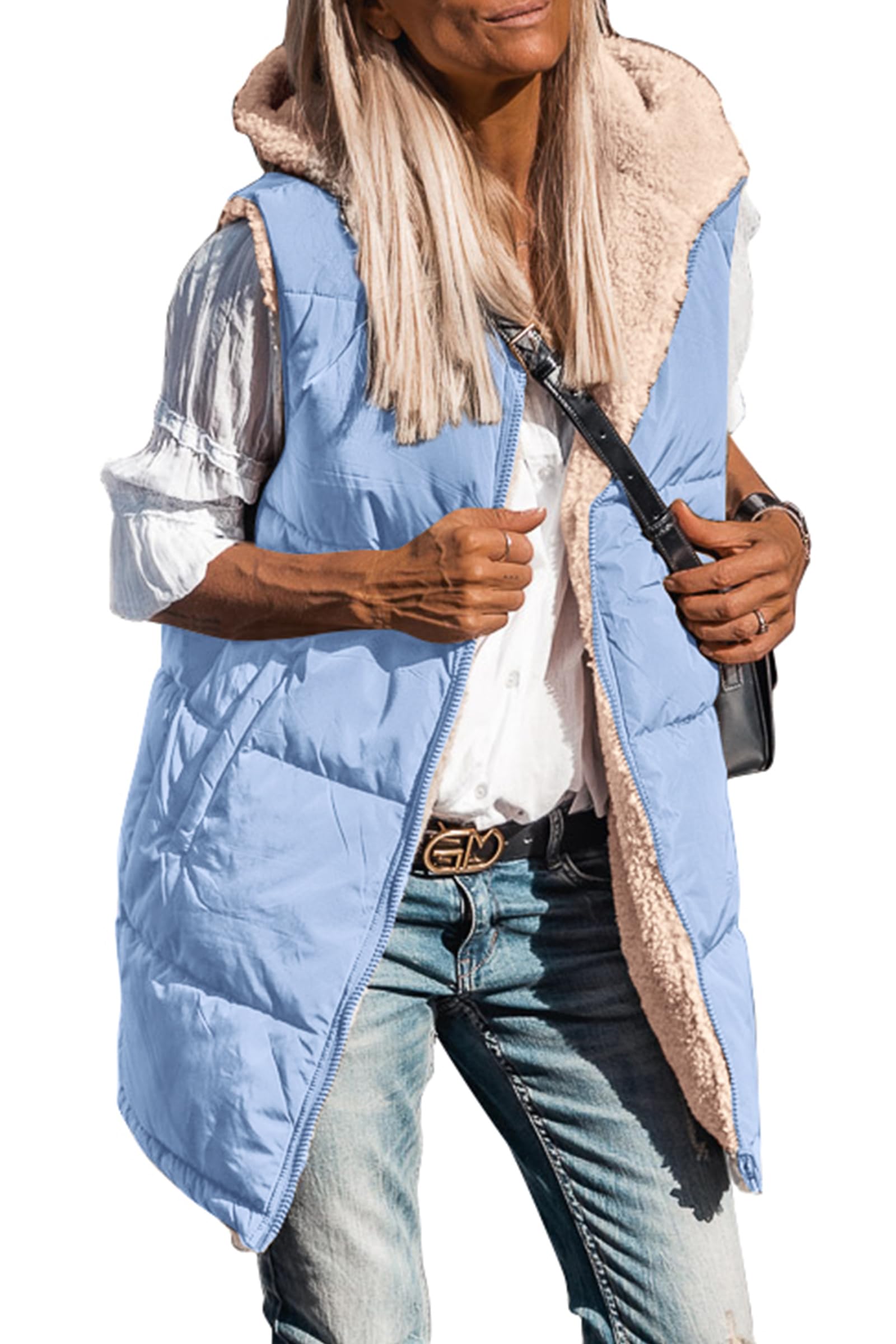 PRETTYGARDEN Womens Fall Reversible Long Vests Sleeveless Fleece Jacket Zip Up Hoodie Pockets Warm Coat Winter Clothing