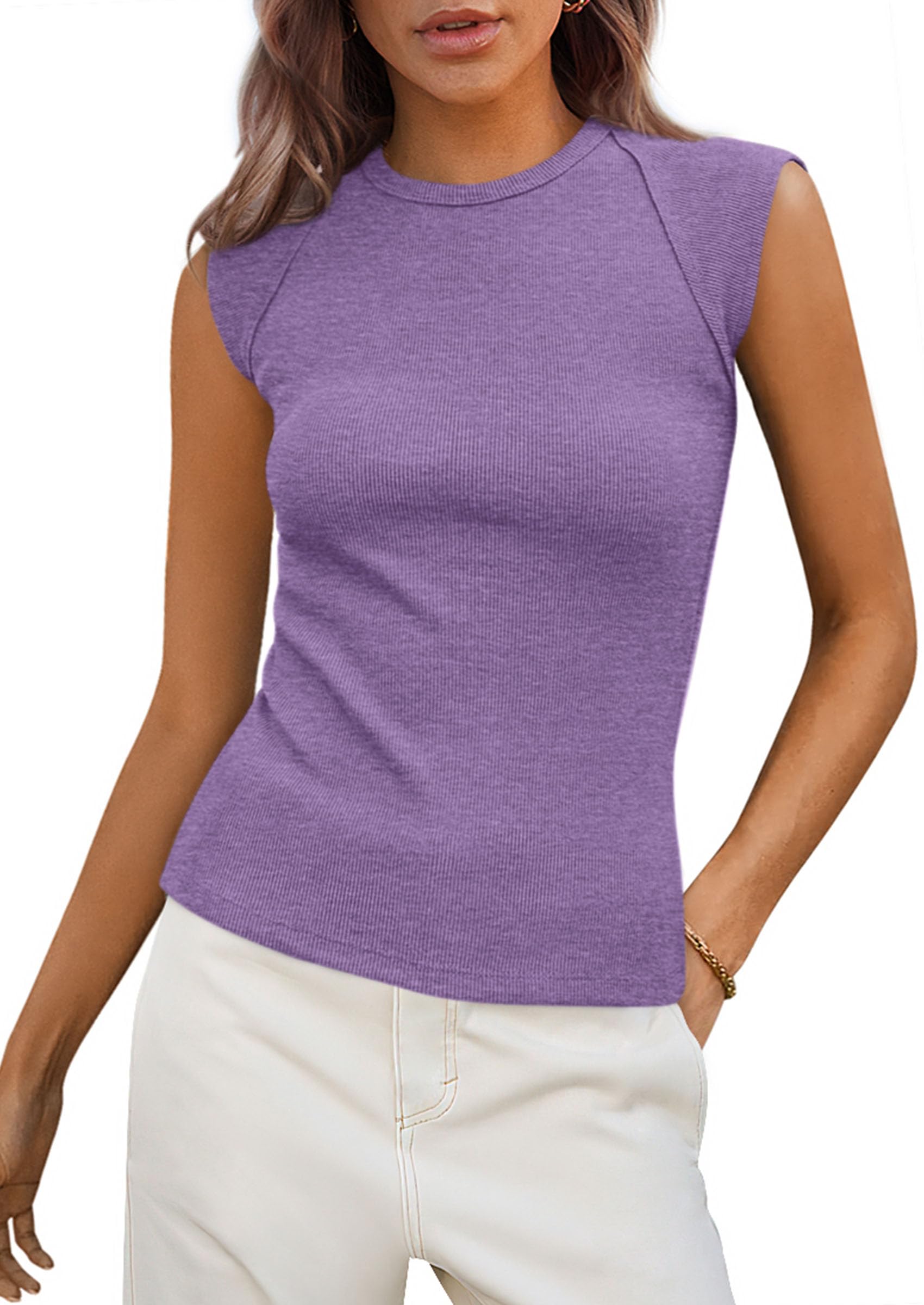 PRETTYGARDEN Women's Ribbed Tank Tops Summer Cap Sleeve Slim Fitted Knit Basic Casual Tee Shirts Trendy Fashion Clothes