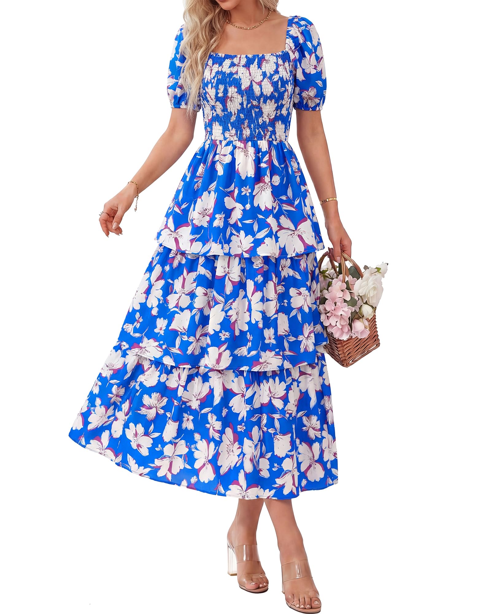 BTFBM Womens Square Neck Smocked Dress Summer Puff Short Sleeve Floral Casual Ruffle Tiered Maxi Wedding Guest Dresses