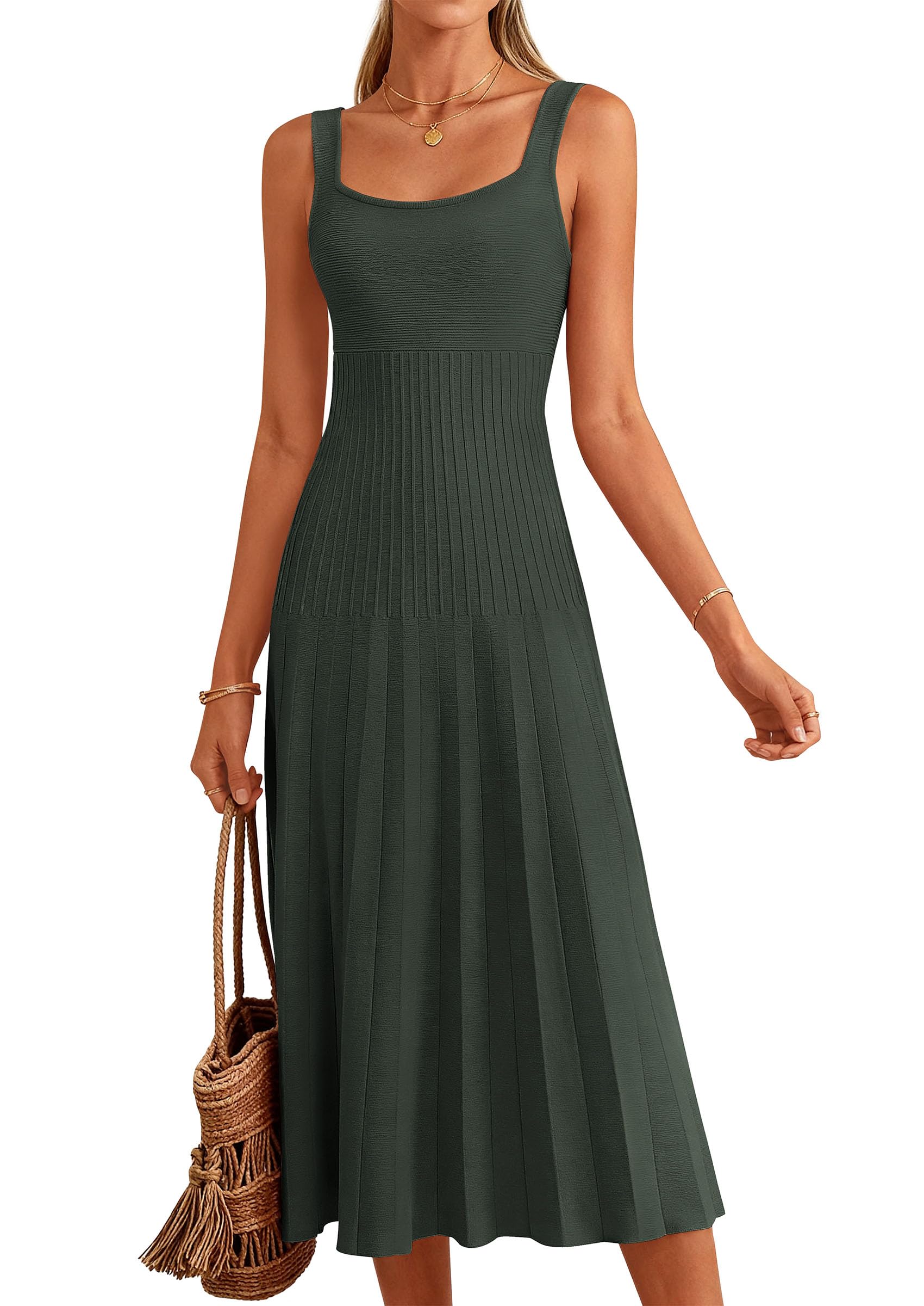 PRETTYGARDEN Spring Dresses for Women Summer Casual Sleeveless Square Neck A Line Knit Pleated Midi Cocktail Party Dress