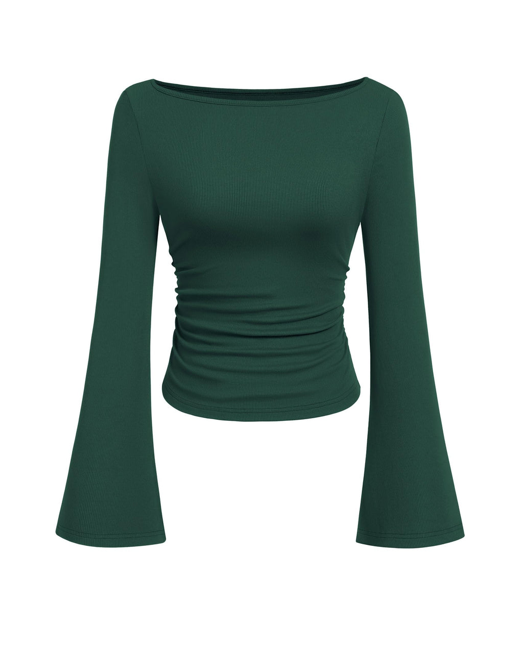 PRETTYGARDEN Women's Long Sleeve Shirts Fall Crop Going Out Tops Casual Boat Neck Bell Sleeve Ribbed Ruched Y2K Clothes