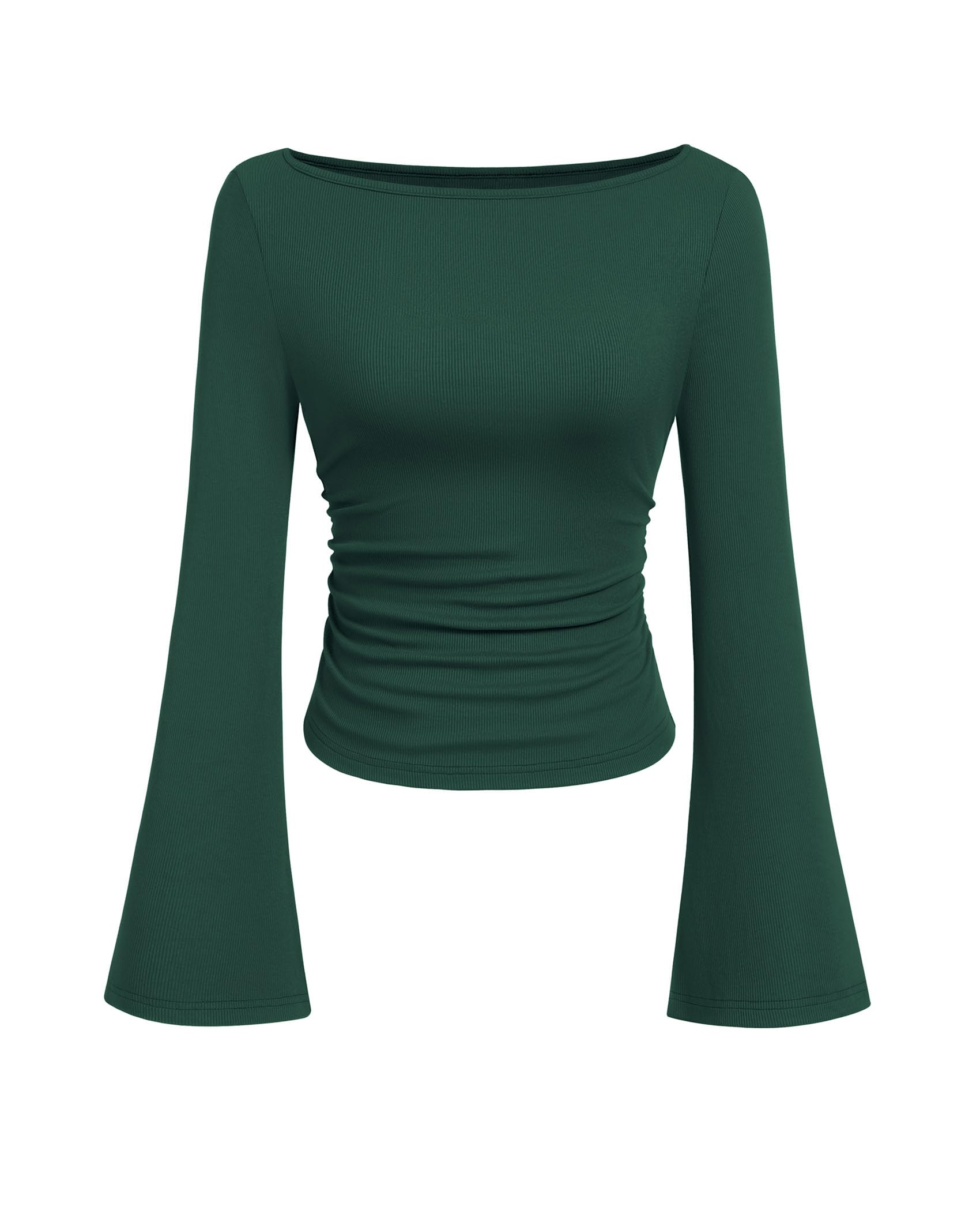 PRETTYGARDEN Women's Long Sleeve Shirts Fall Crop Going Out Tops Casual Boat Neck Bell Sleeve Ribbed Ruched Y2K Clothes