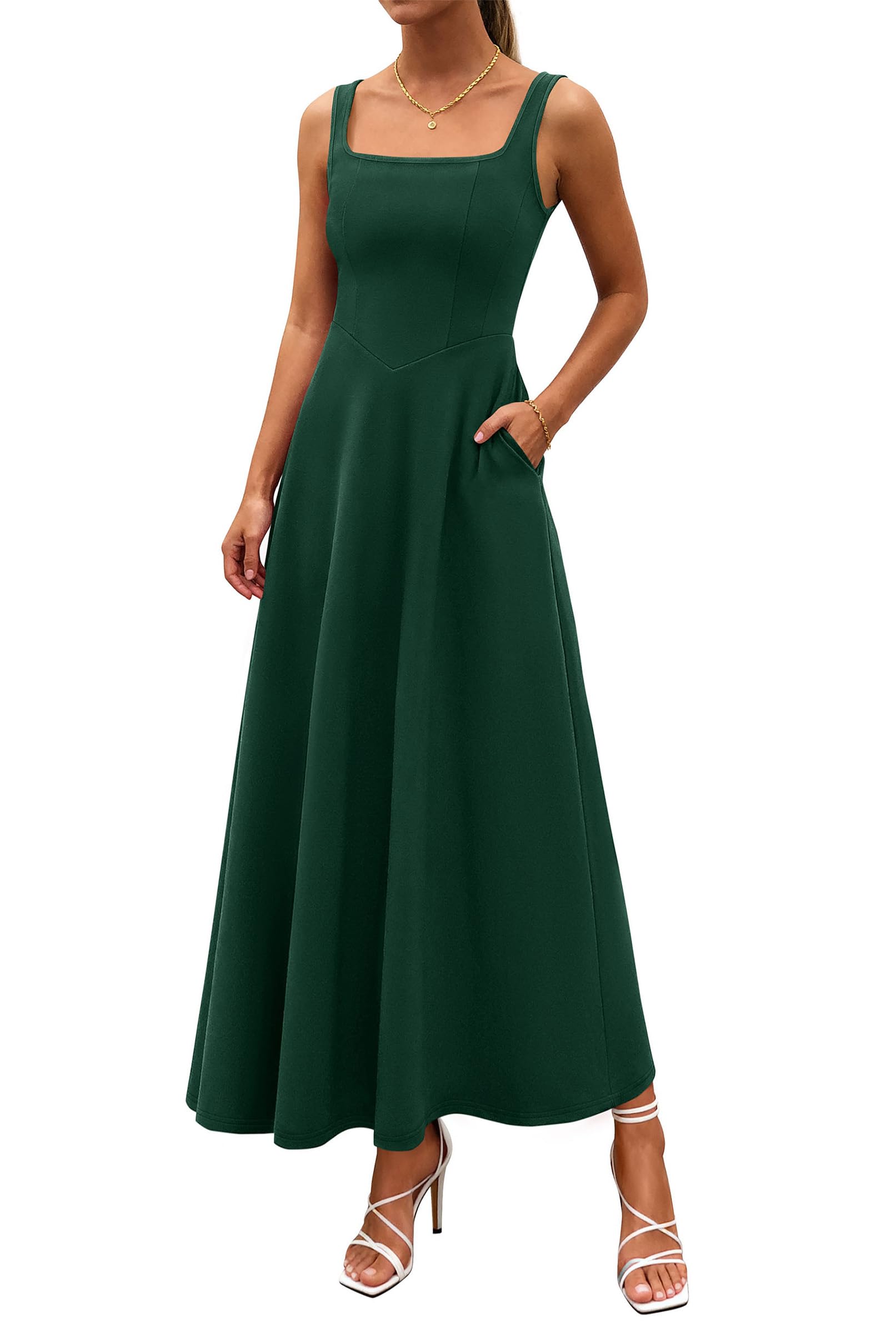 PRETTYGARDEN Womens Summer Dresses Sleeveless Elegant Square Neck Aline Swing Maxi Beach Wedding Guest Dress Pockets
