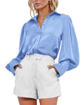 BTFBM Women Satin Blouses Summer Fall Clothes Button Down Lantern Long Sleeve Shirts Work Business Casual Dressy Tops
