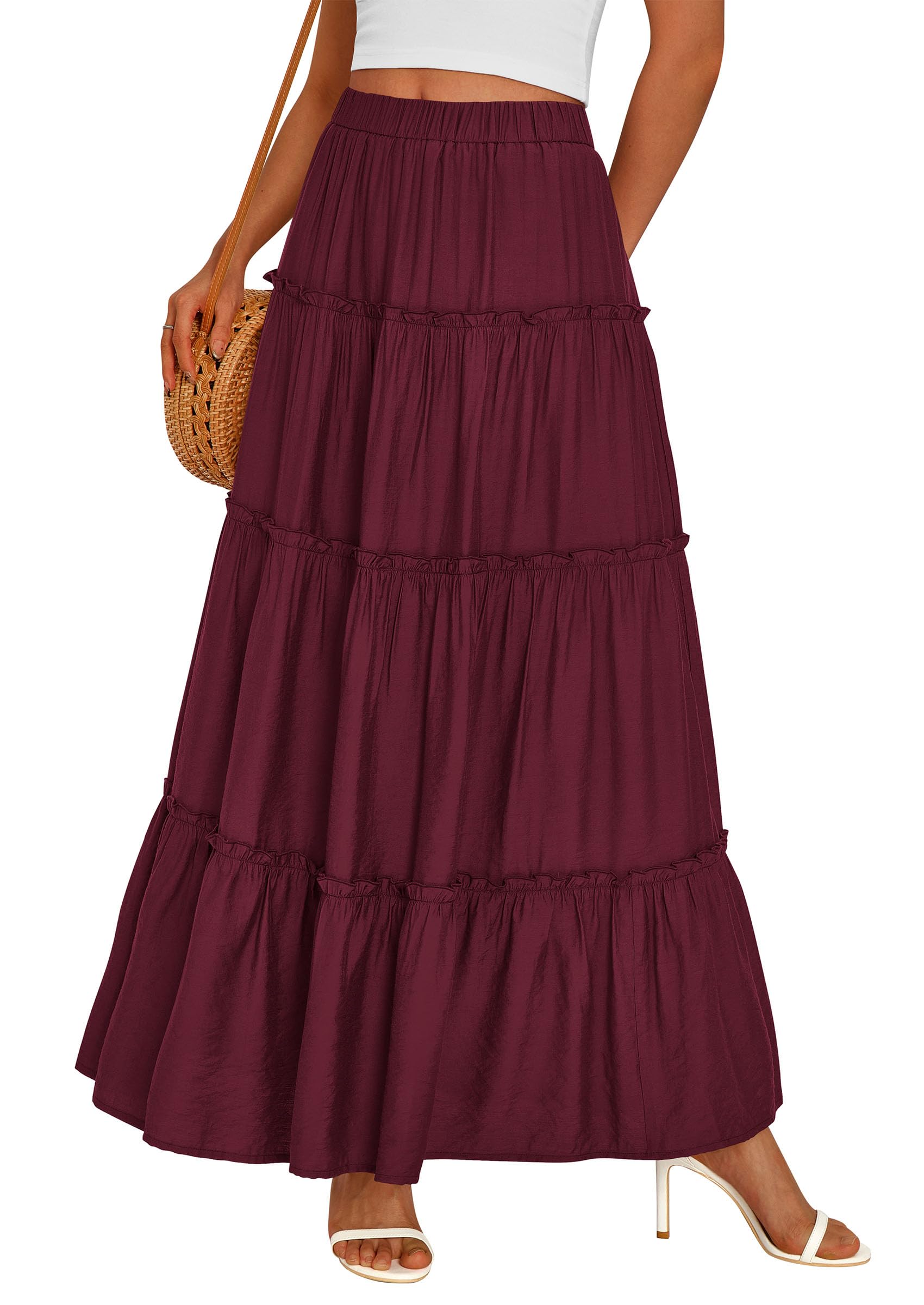PRETTYGARDEN Women's Tiered Maxi Skirt Summer Spring Fashion High Waisted Long Flowy Casual Boho Beach Vacation Clothes