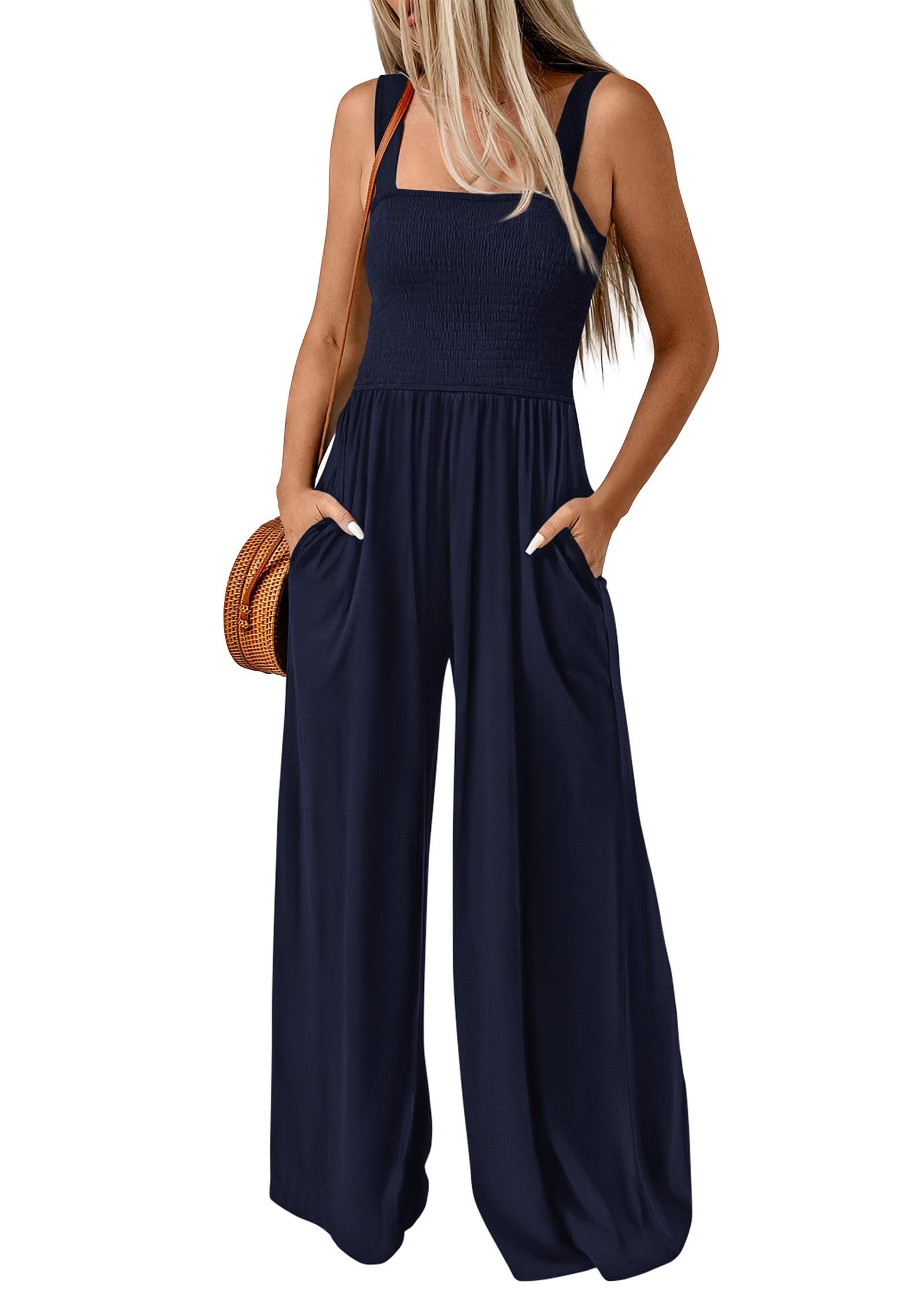 FreshPretty Womens Jumpsuit Summer Casual Loose One Piece Overalls Smocked Sleeveless Wide Leg Rompers With Pockets