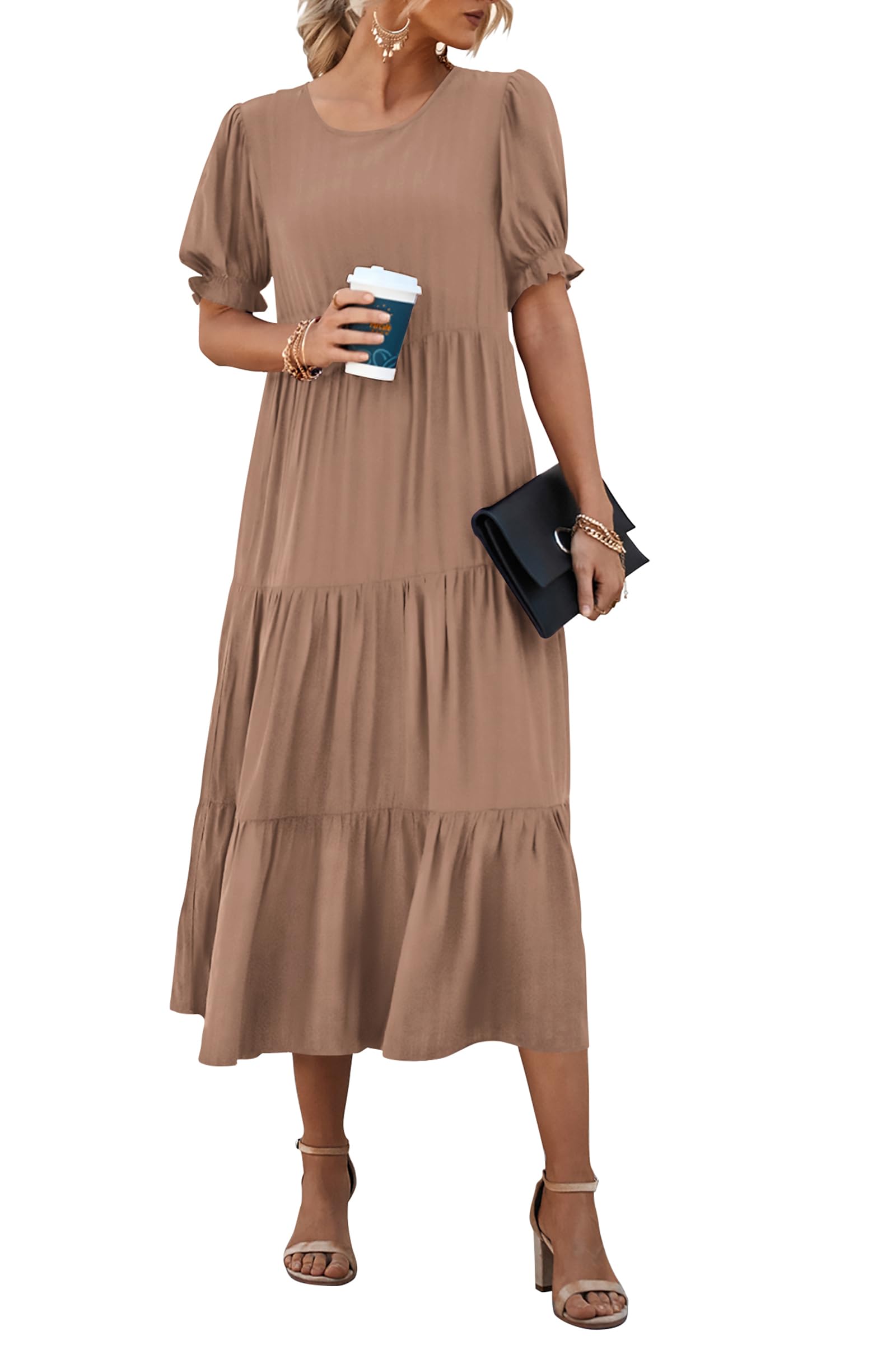 PRETTYGARDEN Summer Dresses for Women Casual Floral Boho Midi Sun Dress Puff Short Sleeve Flowy Beach Vacation Sundress