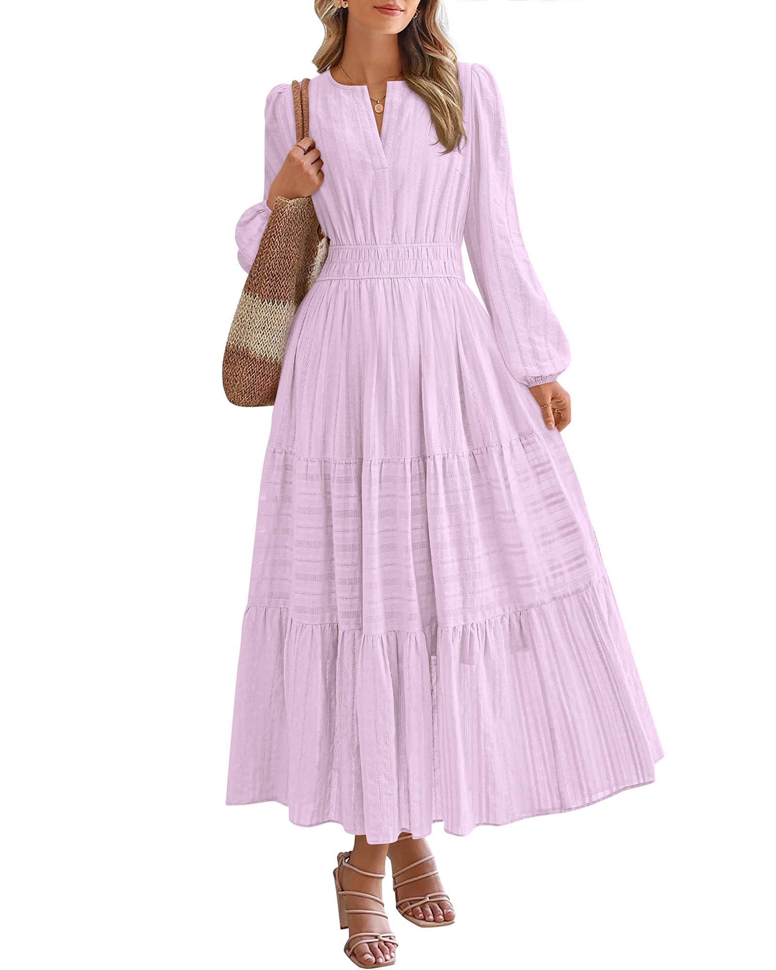 BTFBM Spring Dresses for Women 2026 Casual Long Sleeve V Neck Elastic Waist Lightweight Maxi Wedding Guest Dress Pockets