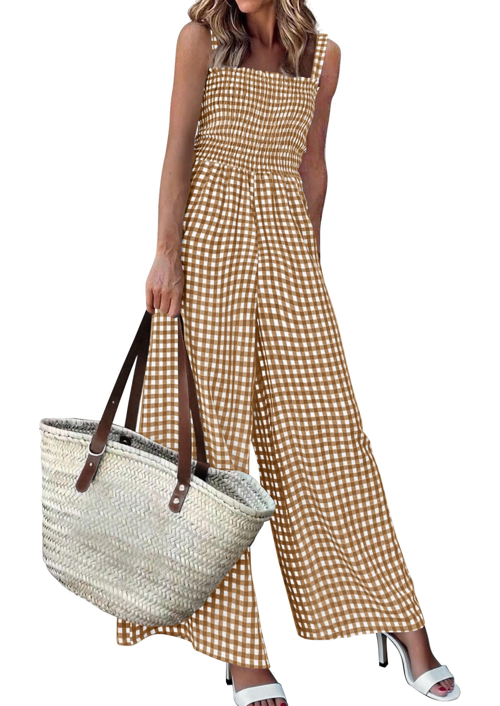 PRETTYGARDEN One Piece Jumpsuits for Women Casual Summer Cruise Outfits  Spring Fashion Smocked Wide Leg Gingham Rompers