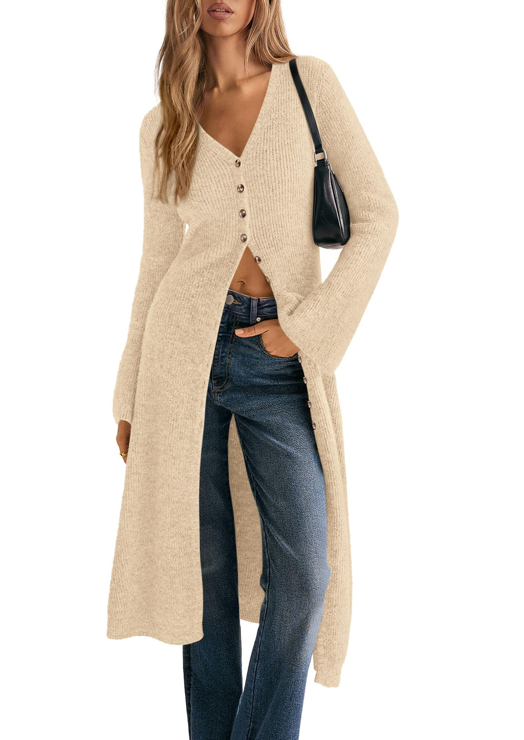 PRETTYGARDEN Women Long Cardigan Bell Sleeve Sweater Dress Early Fall Fashion, V Neck Button Down Coats, Fit and Flare, Duster Sweater, Acrylic Cotton Blend