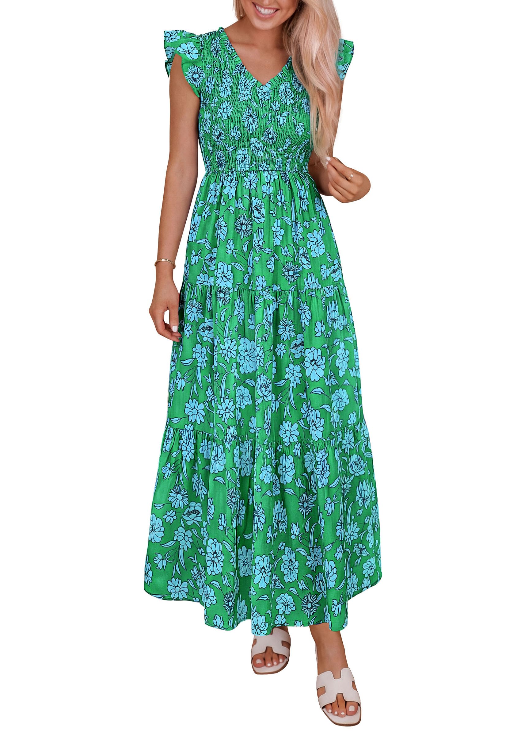 PRETTYGARDEN Women's Boho Floral Maxi Dress Summer Smocked V Neck Ruffle Sleeve Spring Flowy Beach Vacation Sundresses