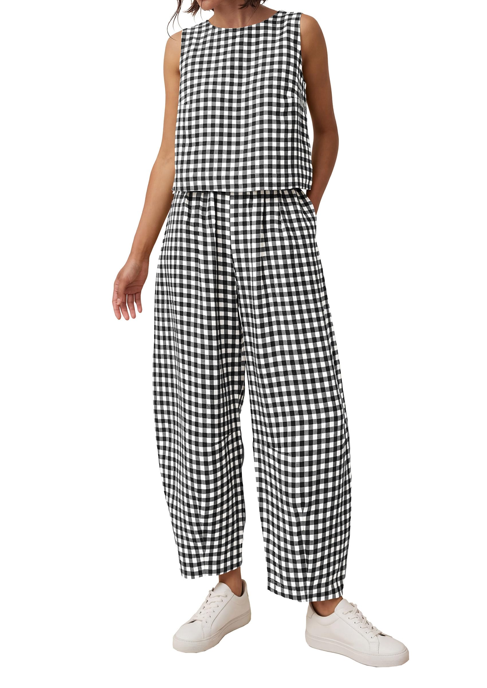 PRETTYGARDEN Womens 2 Piece Sets Summer Plaid Sleeveless Tops Wide Leg Pants Matching Lounge Set Beach Vacation Outfits
