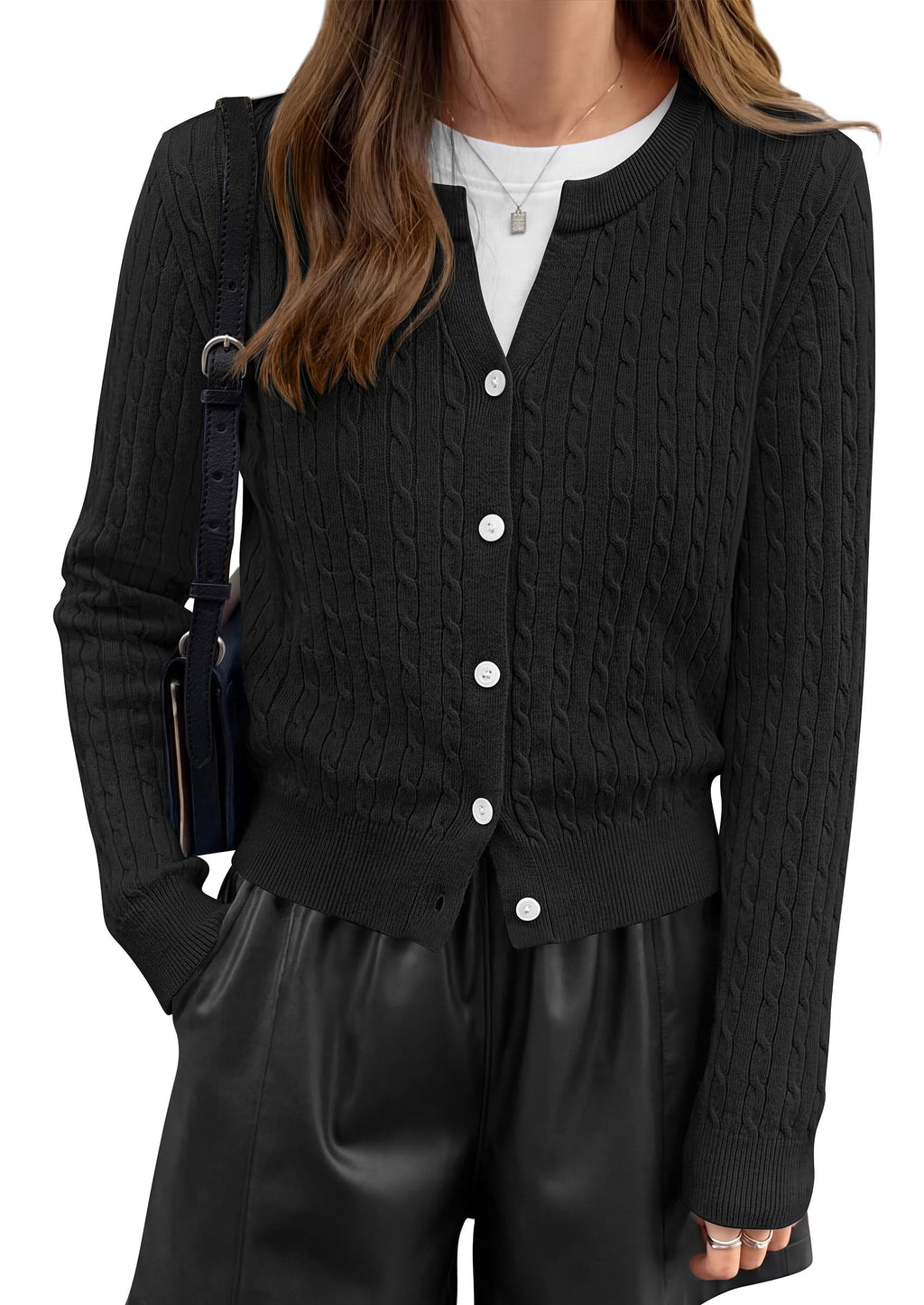 FreshPretty Women's Cable Knit Cropped Cardigan Sweater V Neck Button Down | Soft Lightweight Cable Knit, Long Sleeve, V Neck Button Front, Cropped Ribbed Trim, Business Casual Fall Winter Layering
