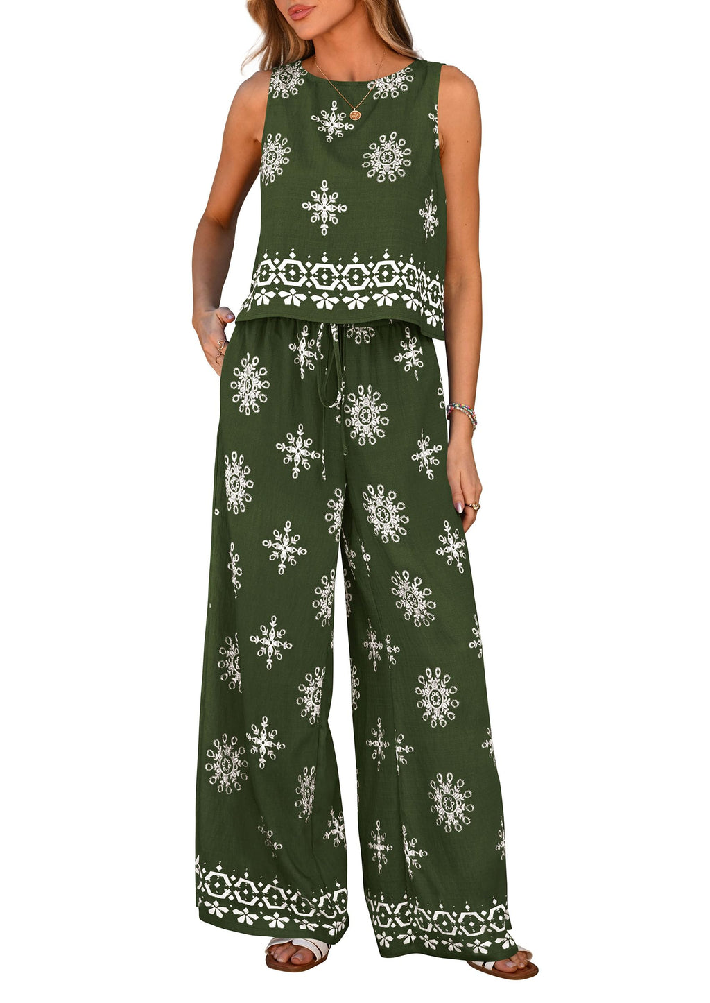 PRETTYGARDEN Women's Summer 2 Piece Lounge Sets Boho Floral Tank Tops Flowy Wide Leg Pants Travel Beach Vacation Outfits