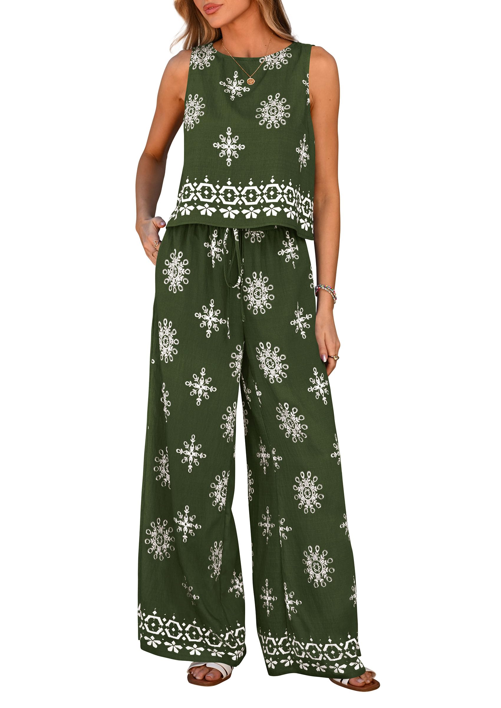 PRETTYGARDEN Women's Summer 2 Piece Lounge Sets Boho Floral Tank Tops Flowy Wide Leg Pants Travel Beach Vacation Outfits